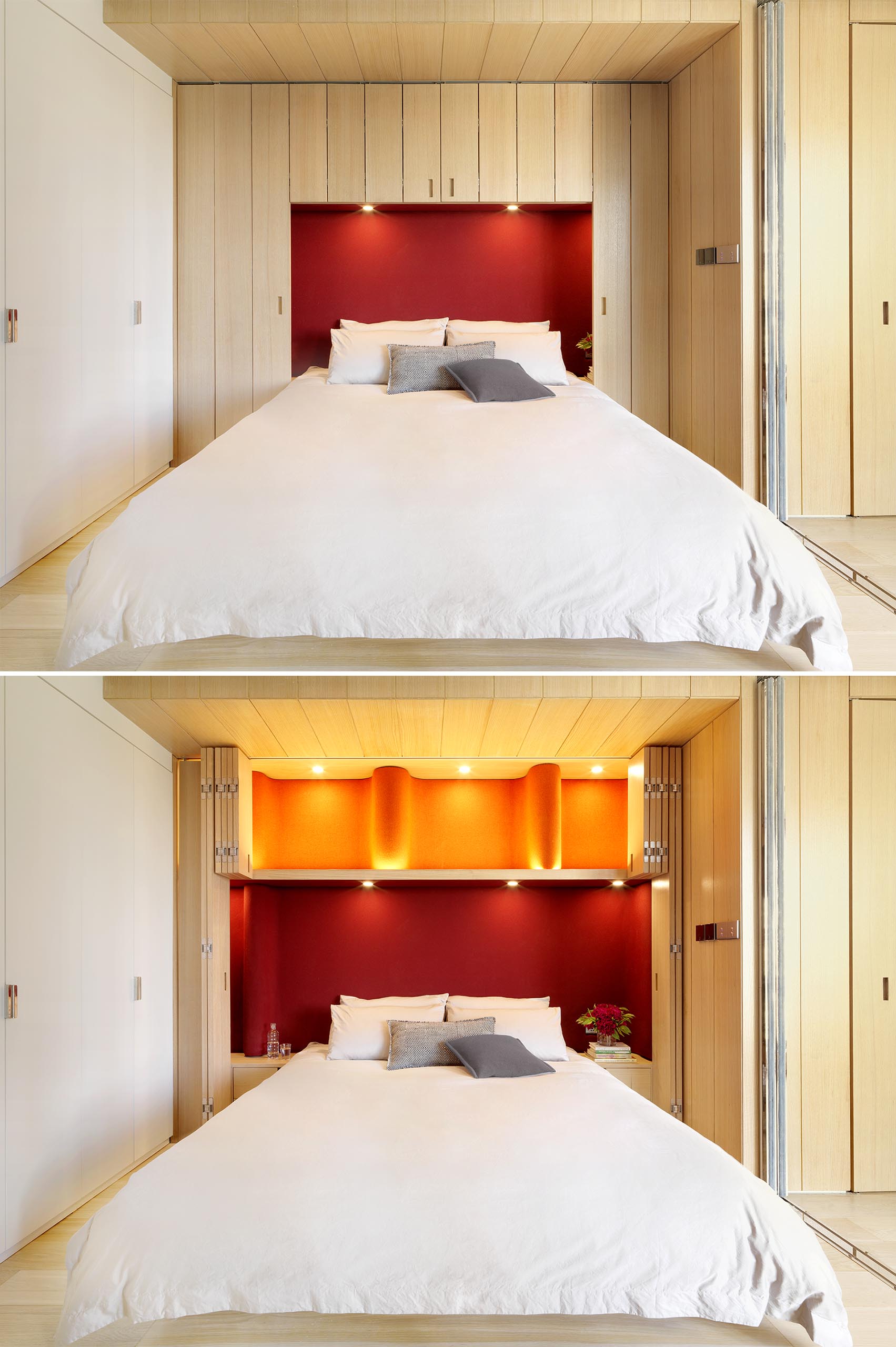 Storage is hidden within cabinets that surround this bed and the red headboard.