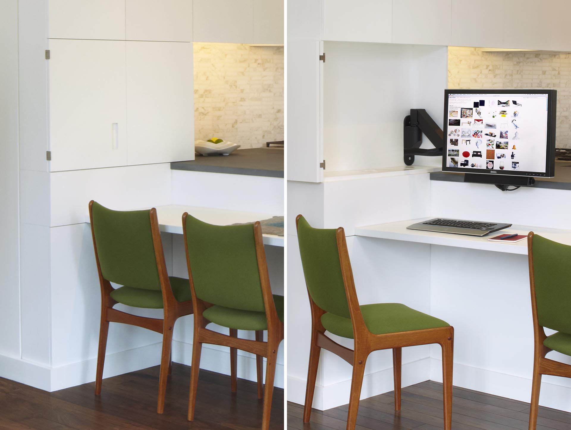 A modern kitchen with a computer monitor hidden in one of the cabinets to create a small home office.