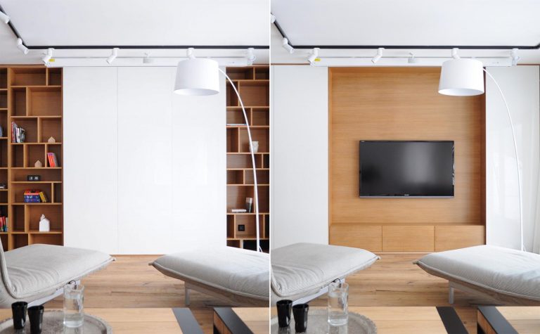 The TV In This Living Room Can Be Hidden Behind Sliding Wall Panels