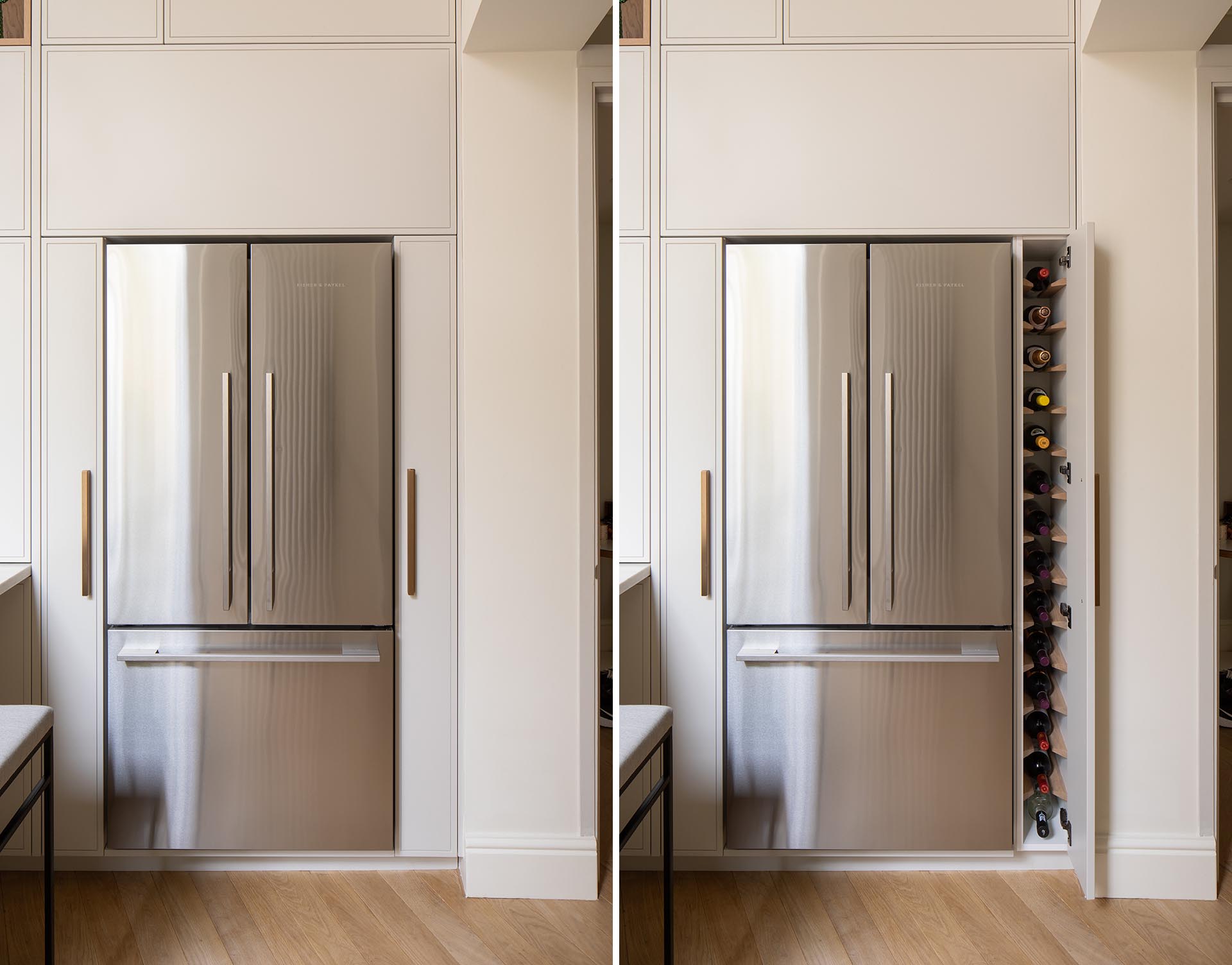 Tall skinny cabinets on either side of the fridge act as wine storage and as a pull-out larder.