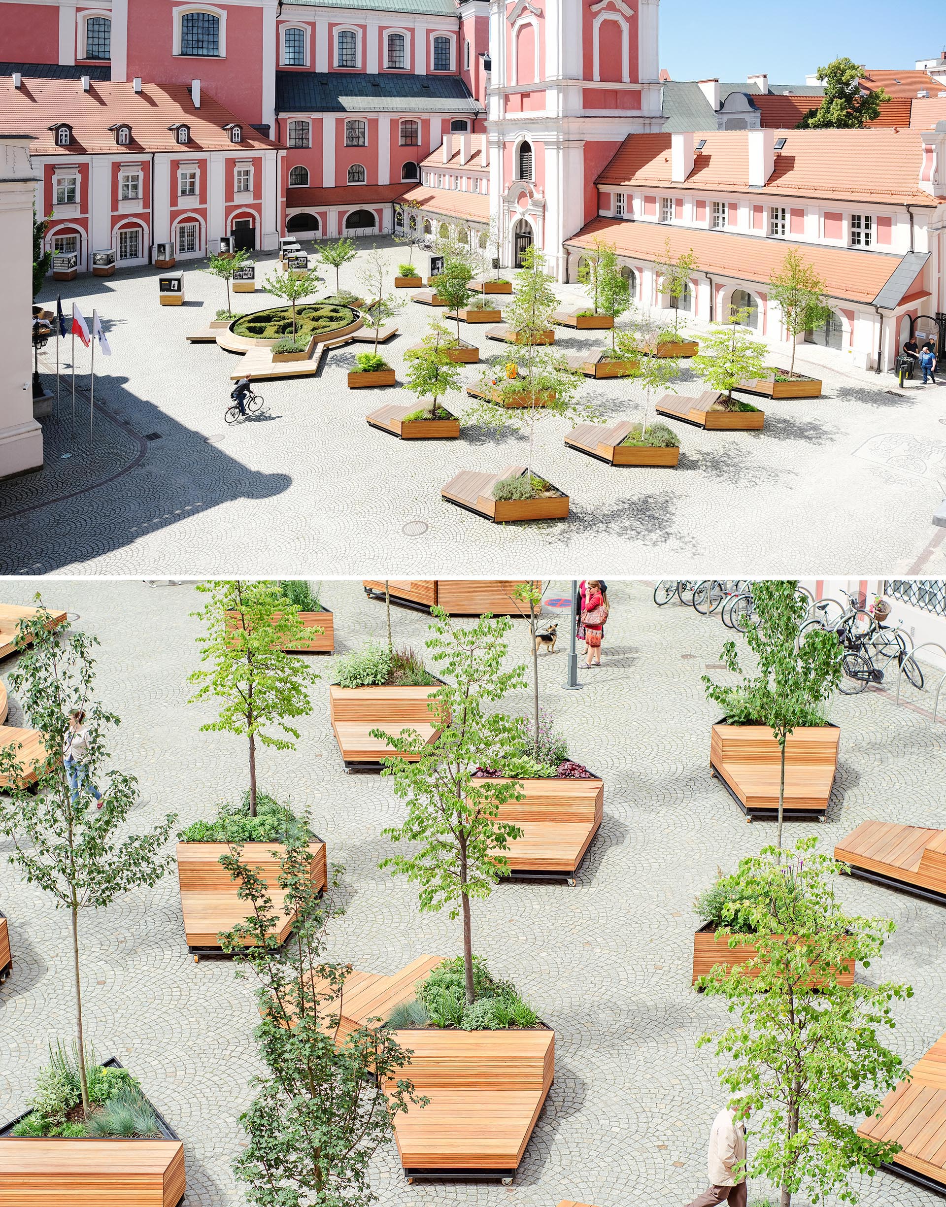 A courtyard filled with triangular planters and matching mobile wood benches.