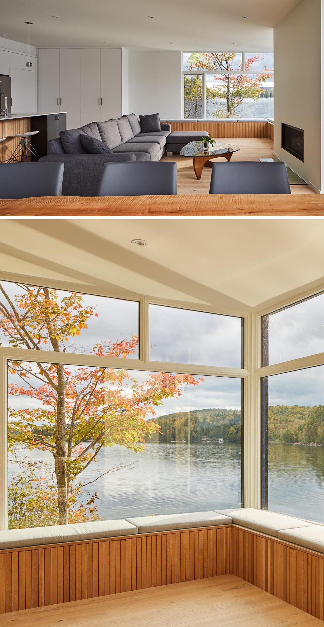 A living room with a custom-designed corner bench that lines the windows.