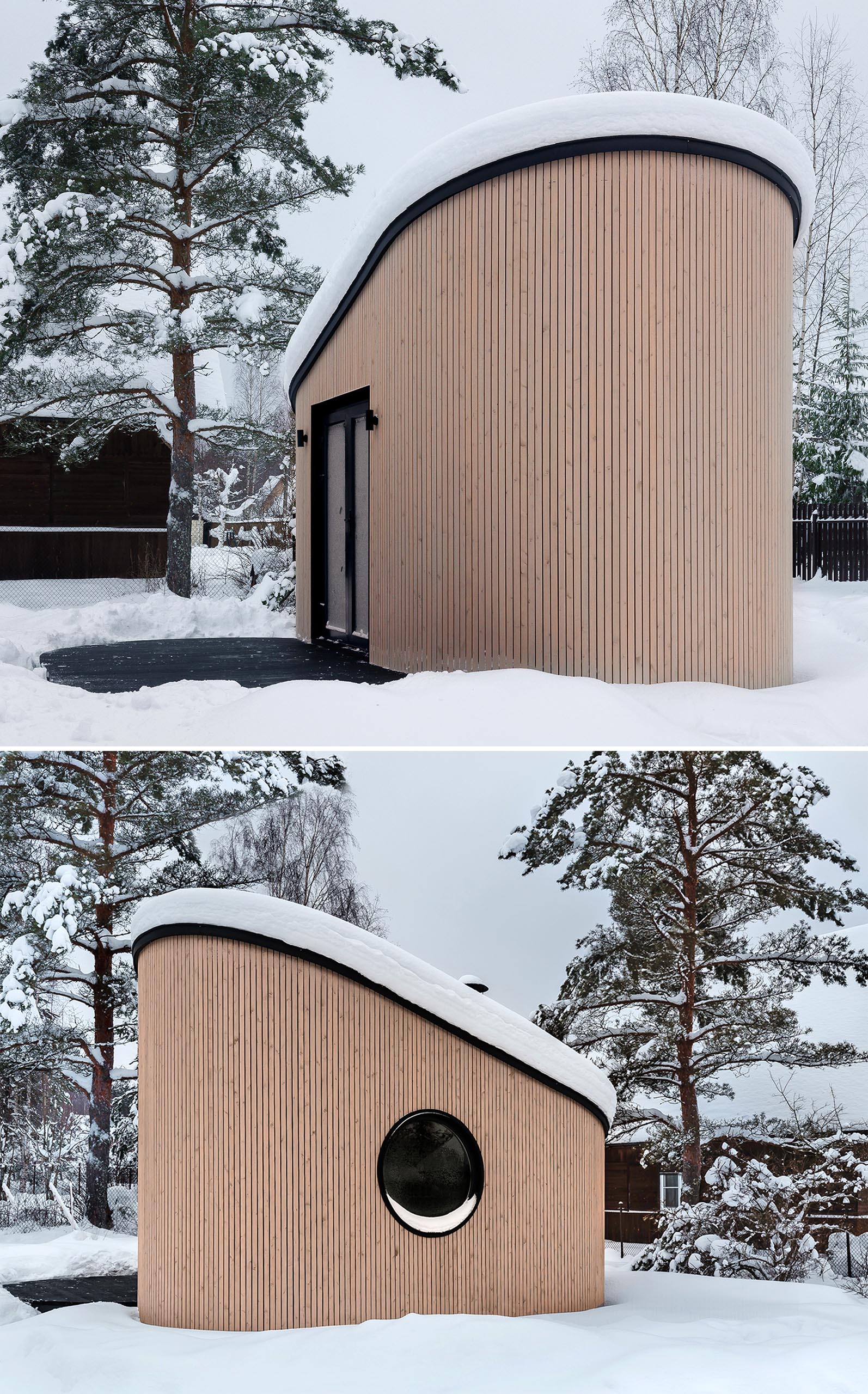 A small module pod with a curved wood exterior that can be used as an office pod, guest house, tiny house, or backyard BBQ house.