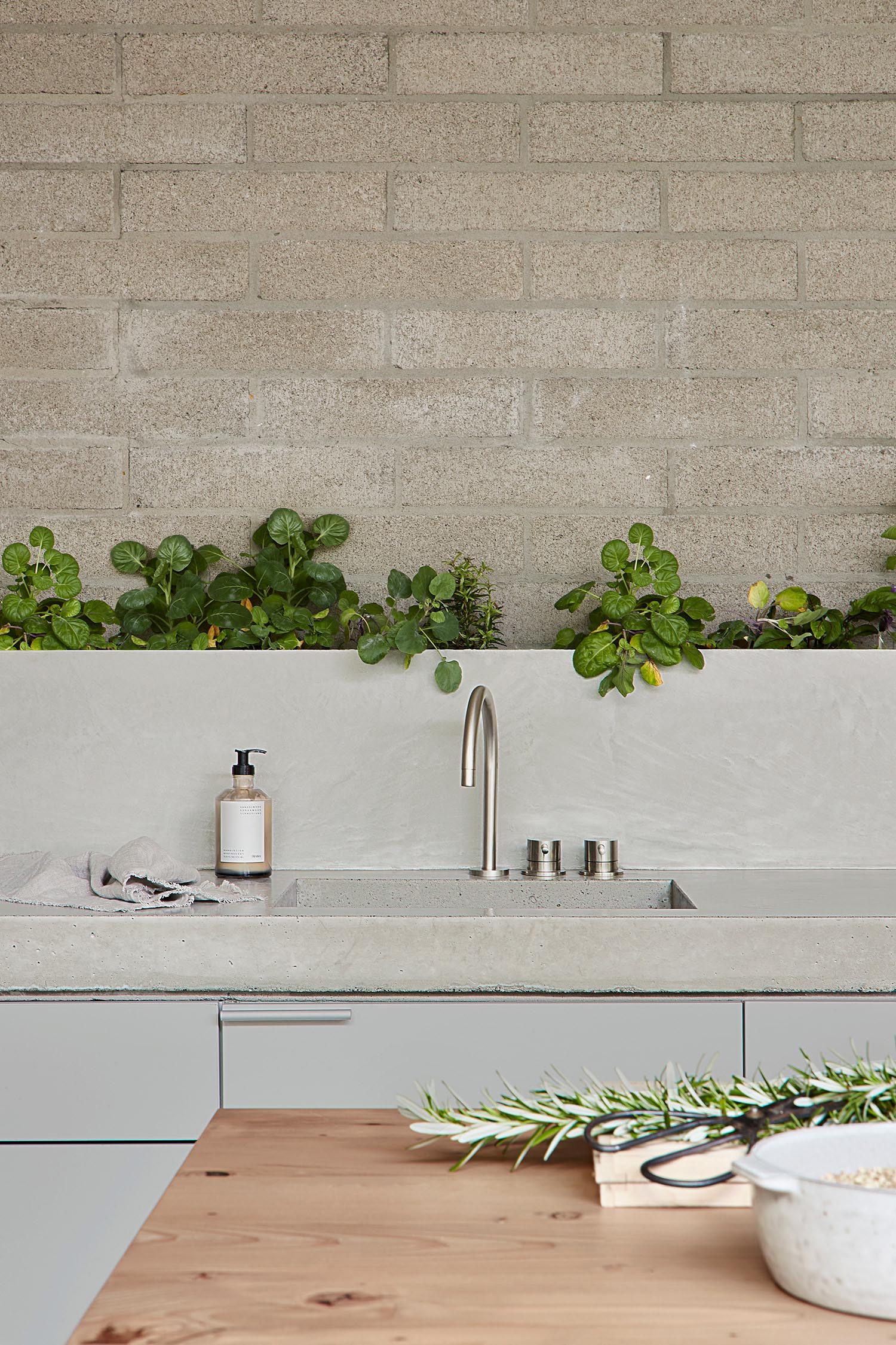 A modern grey kitchen with a concrete countertop, wood island, a a row of plants against the wall.