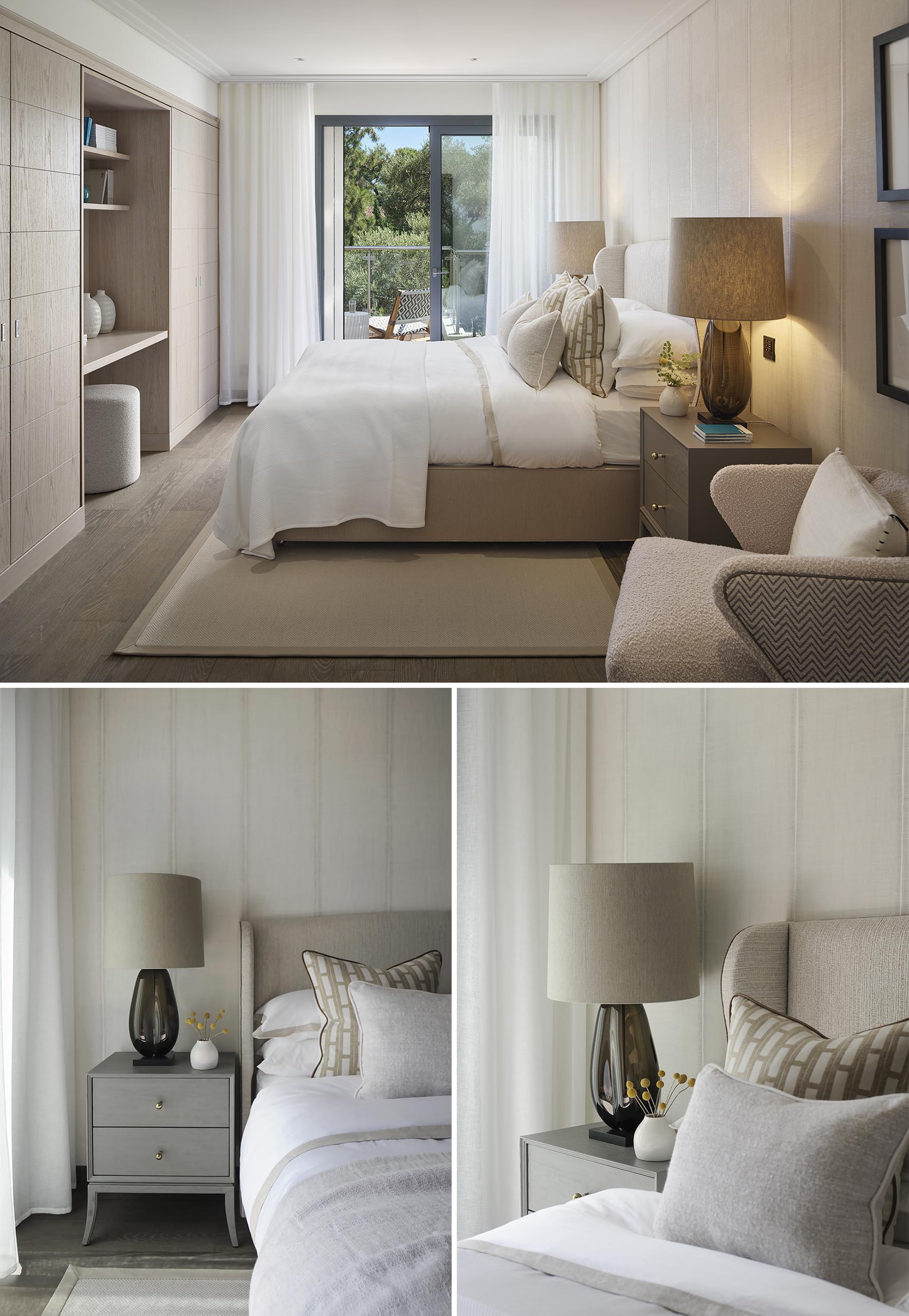 A bedroom with a neutral color palette.