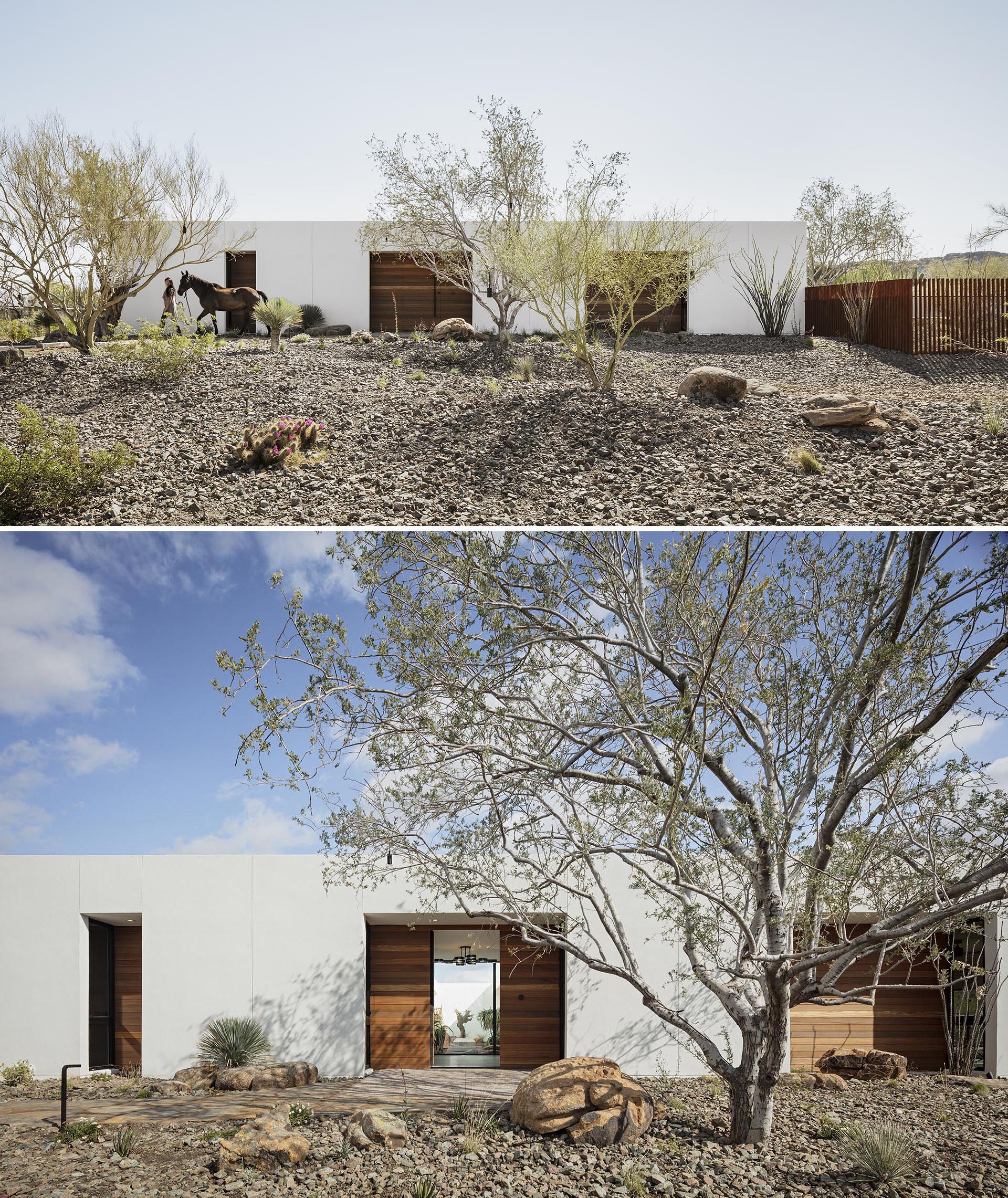 A modern house with white stucco and wood accents.