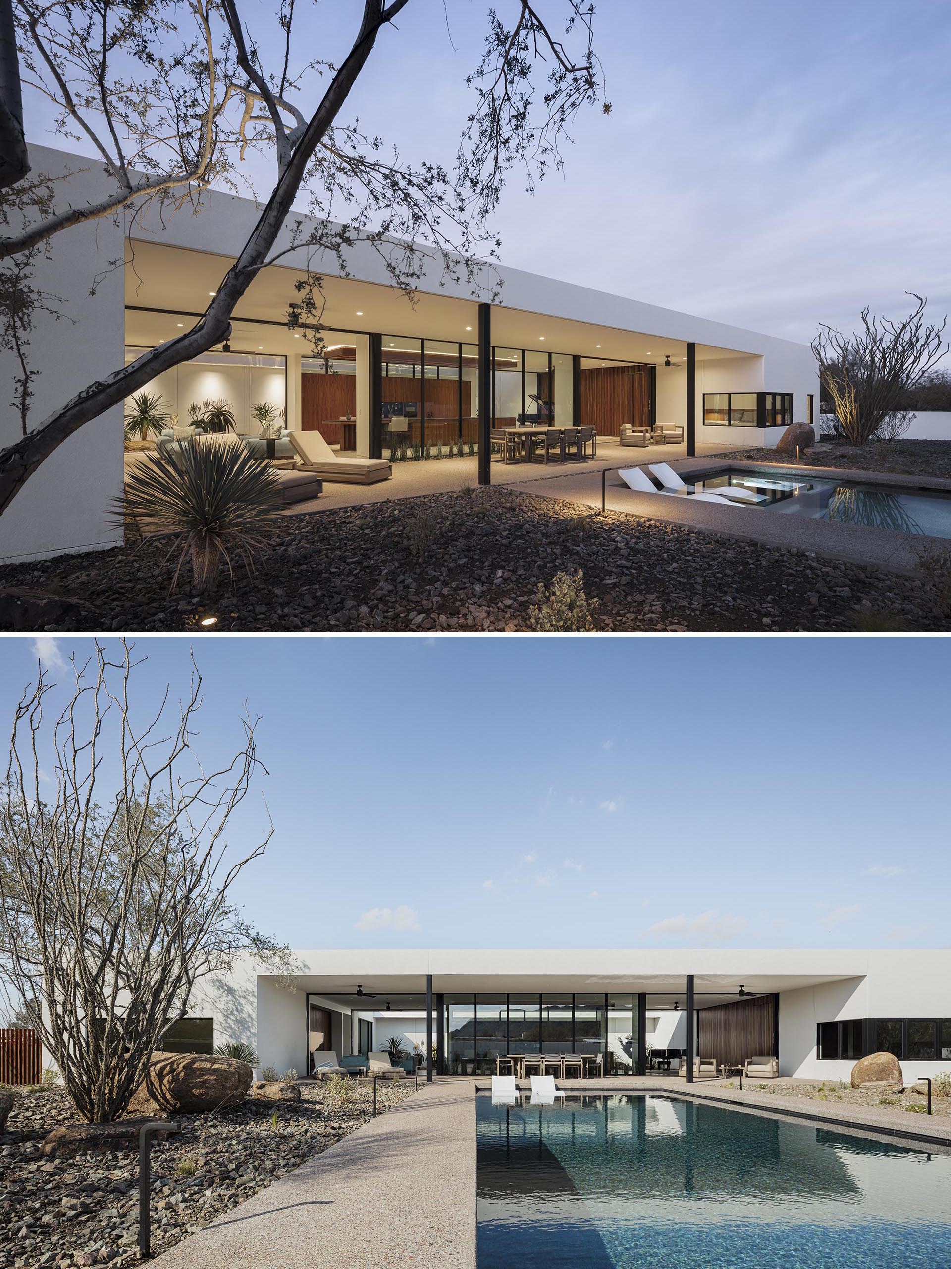A modern desert house with a covered patio and a swimming pool.