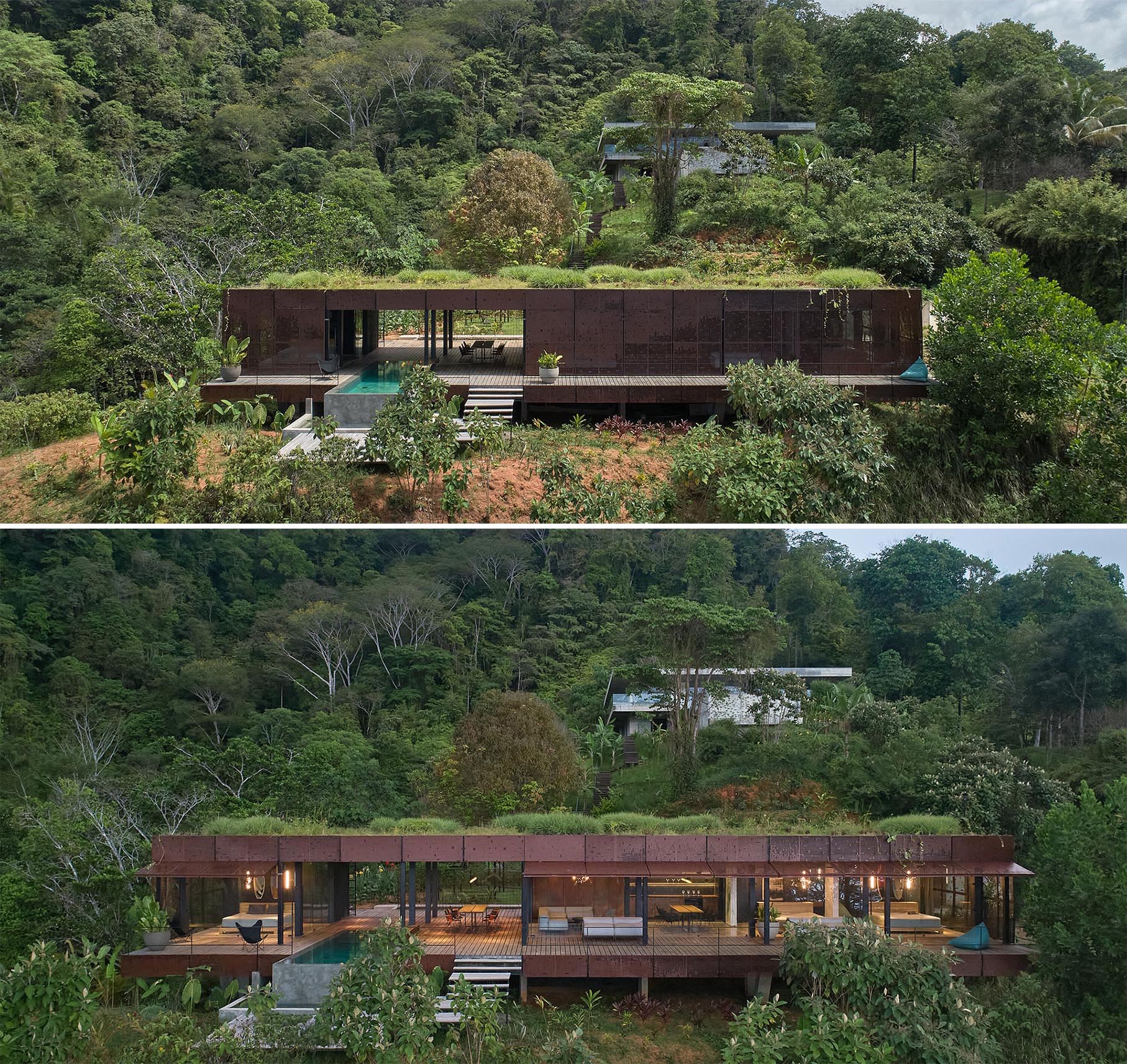 A modern house with a metal facade and a lush green roof.