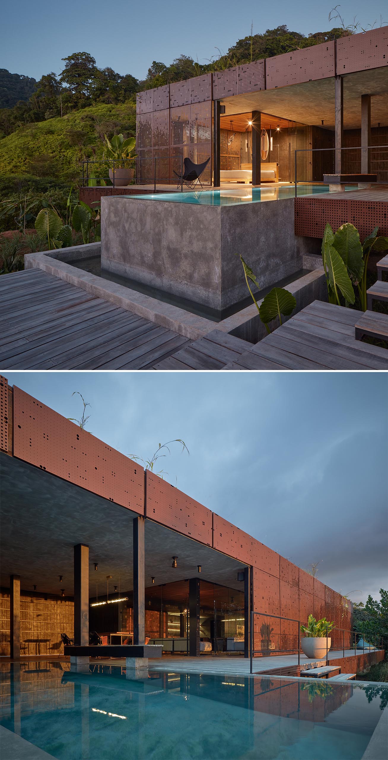 A modern house with a partially covered infinity pool.