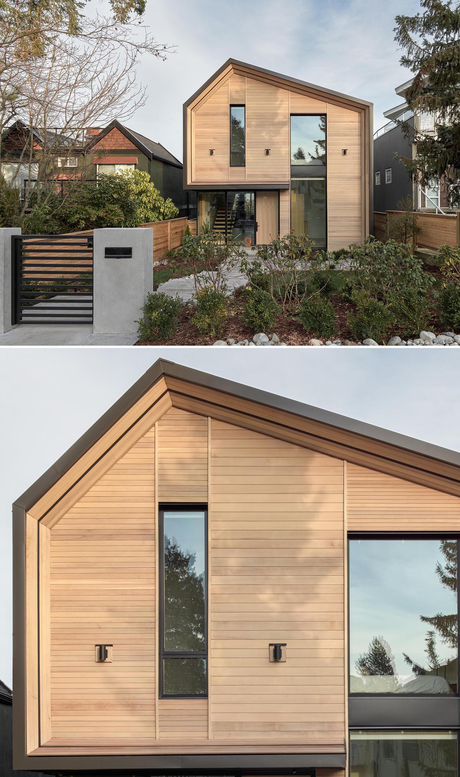 A modern house with a wood facade.