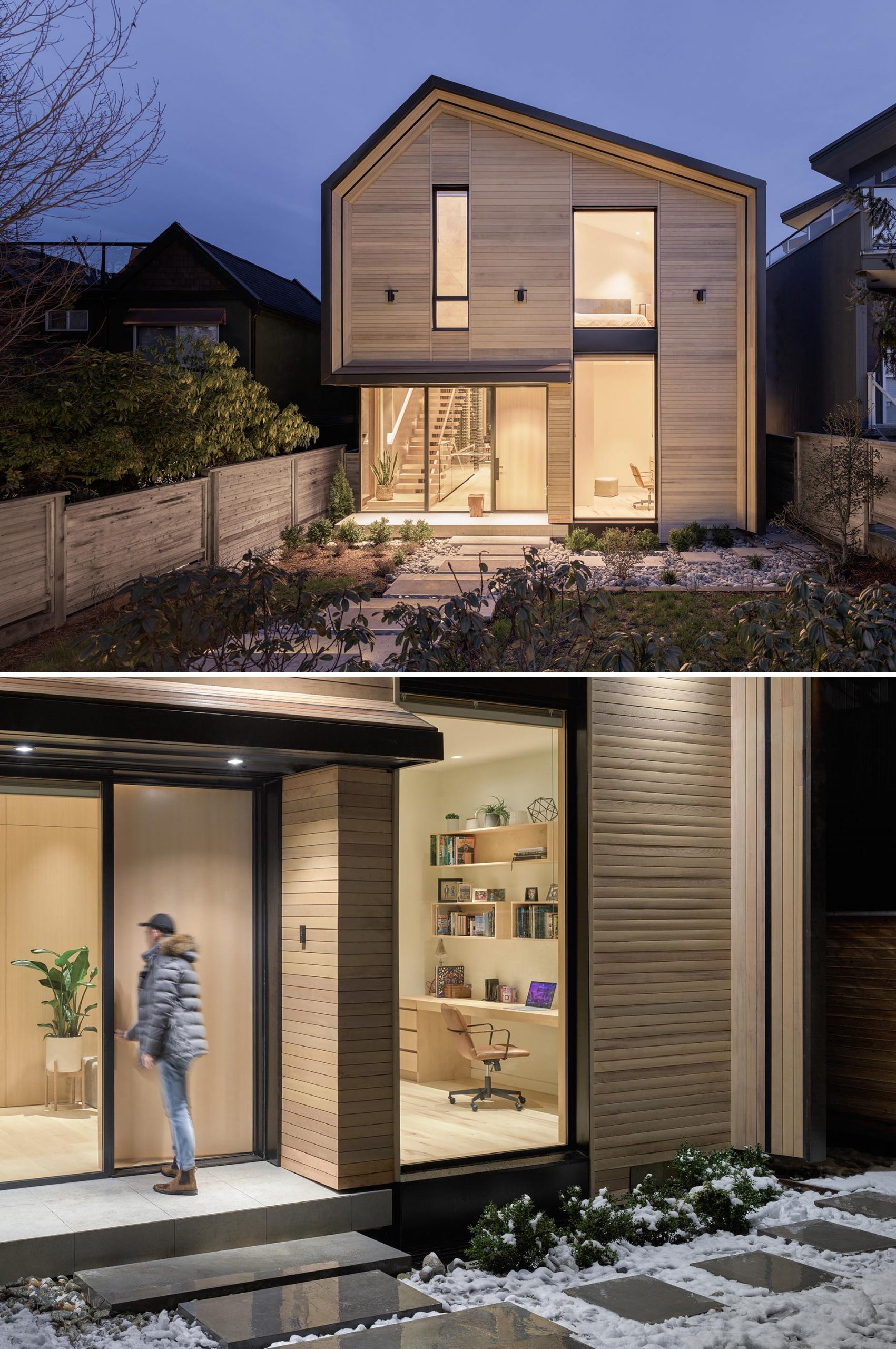 A contemporary house with cedar cladding and a metal roof.