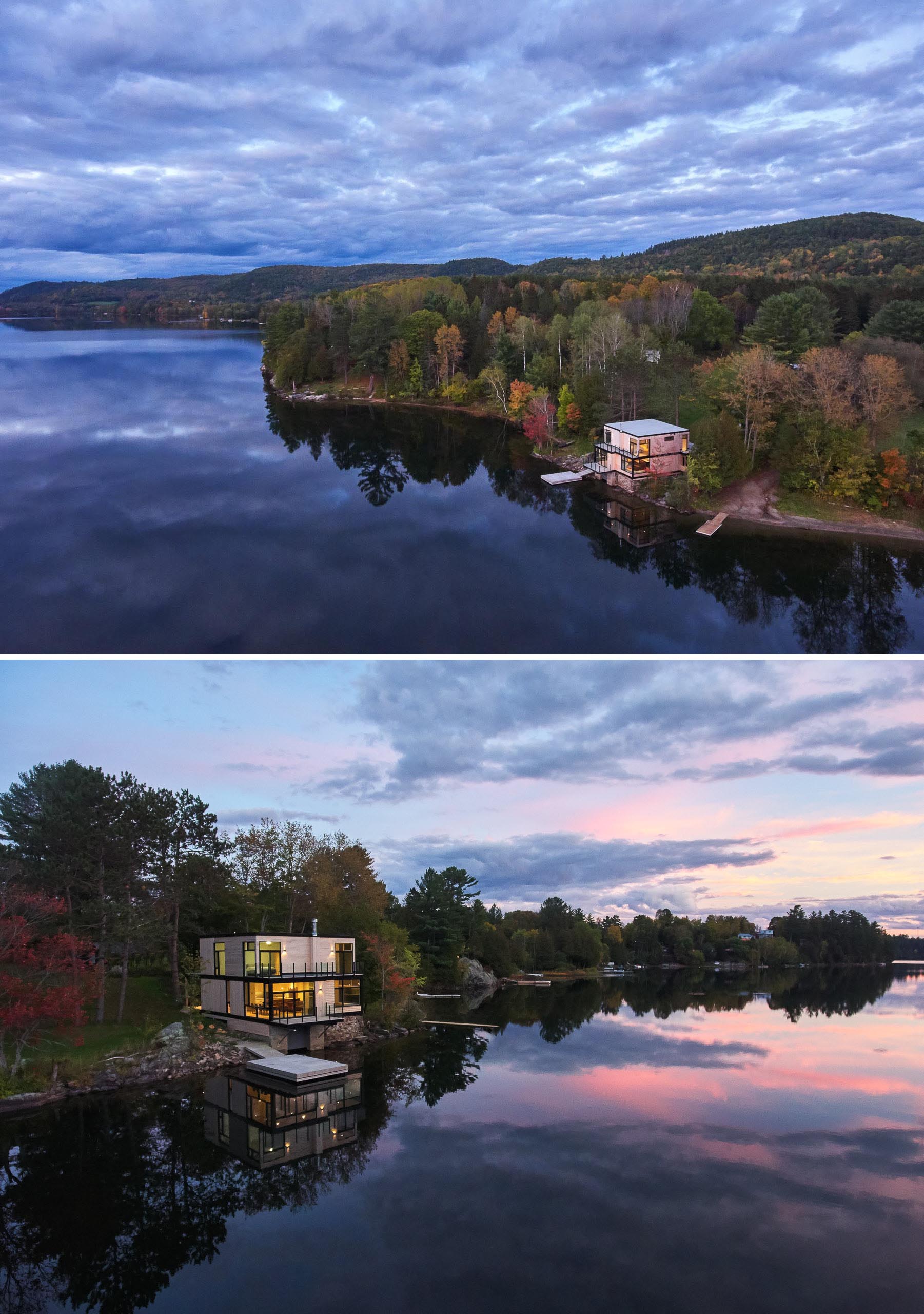 A lakefront house with a modern design.