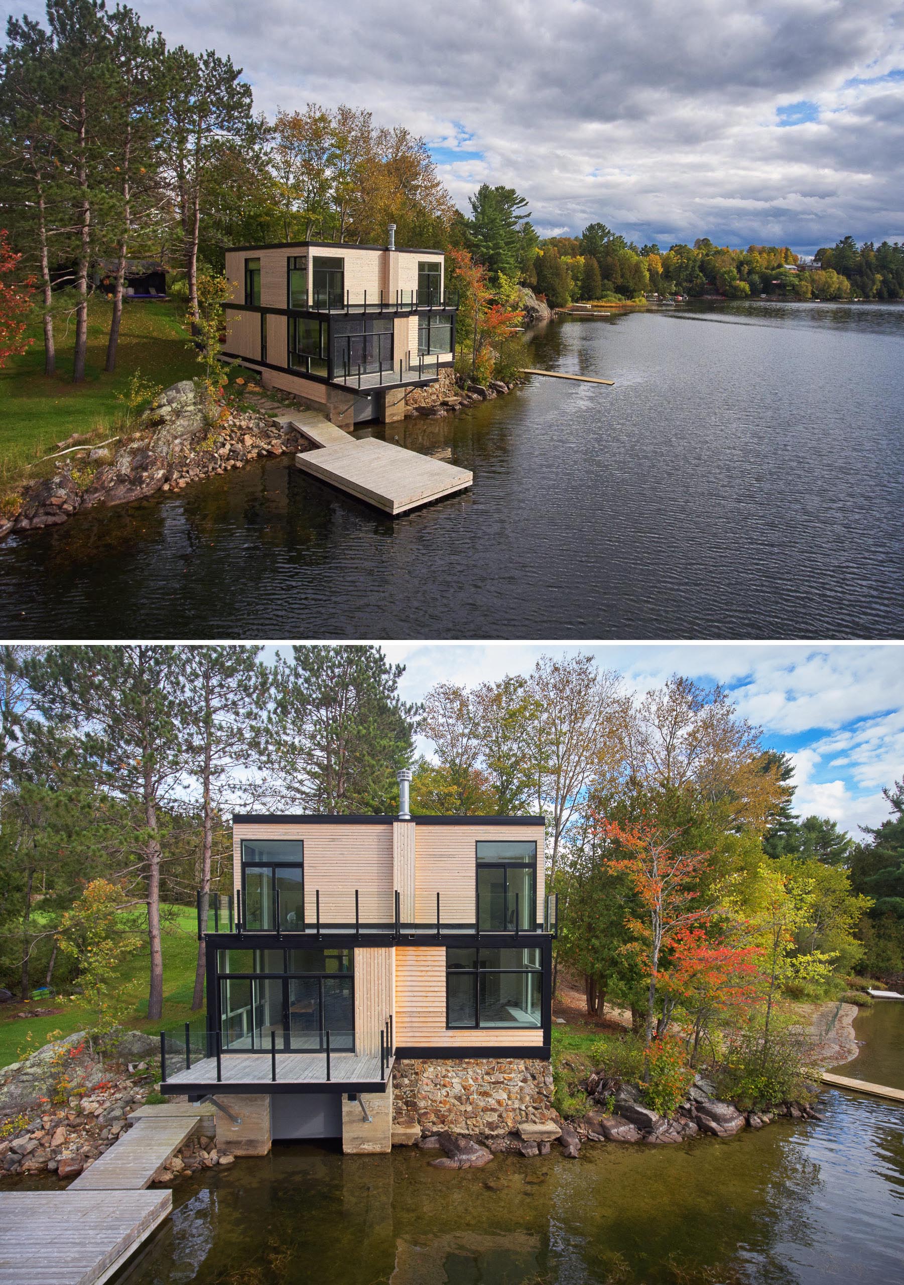 A waterfront lake house with wood siding and black details.