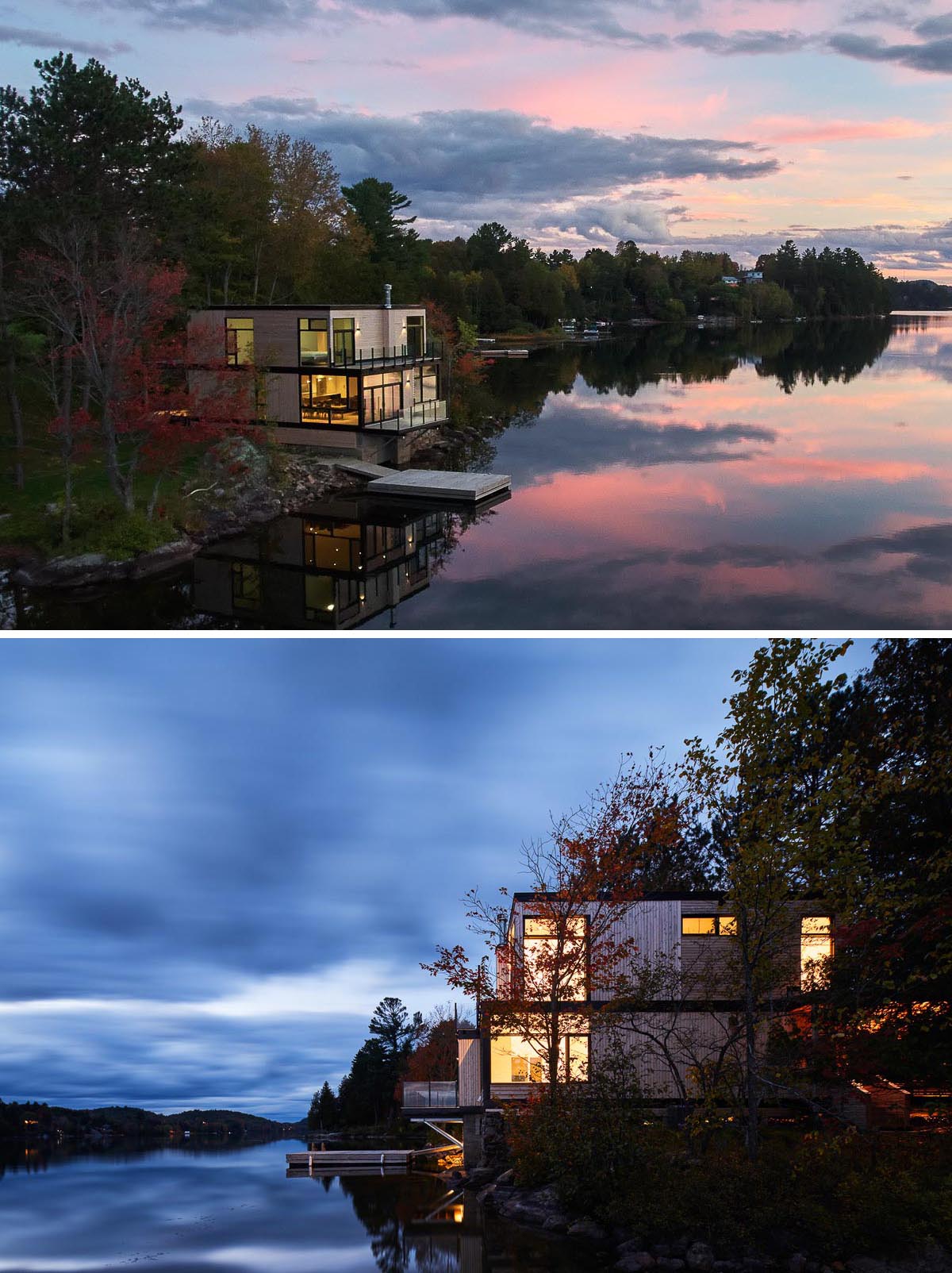 A waterfront house that has wood siding and black frame details.