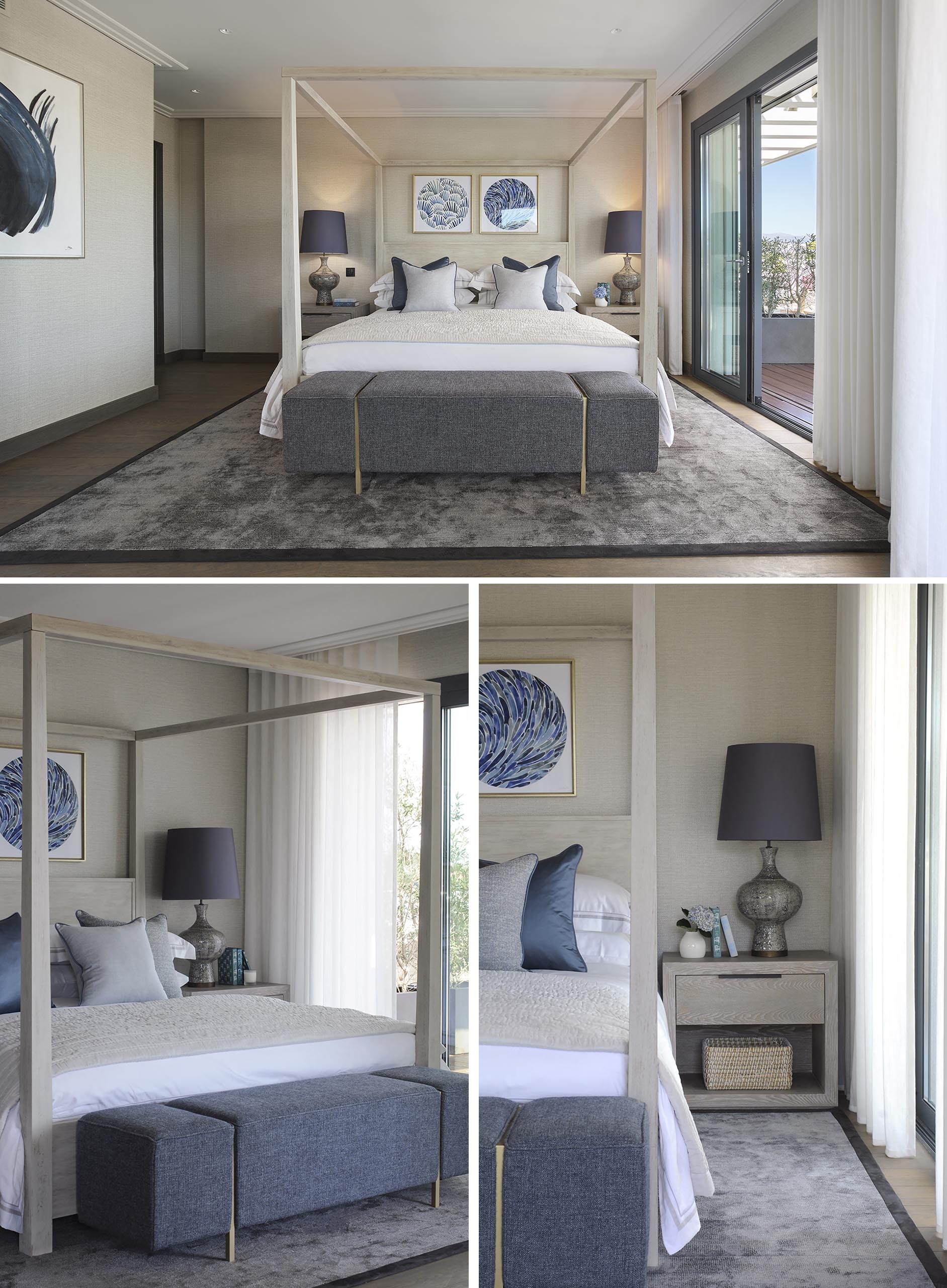 A bedroom with a four-poster bed and navy blue accents.