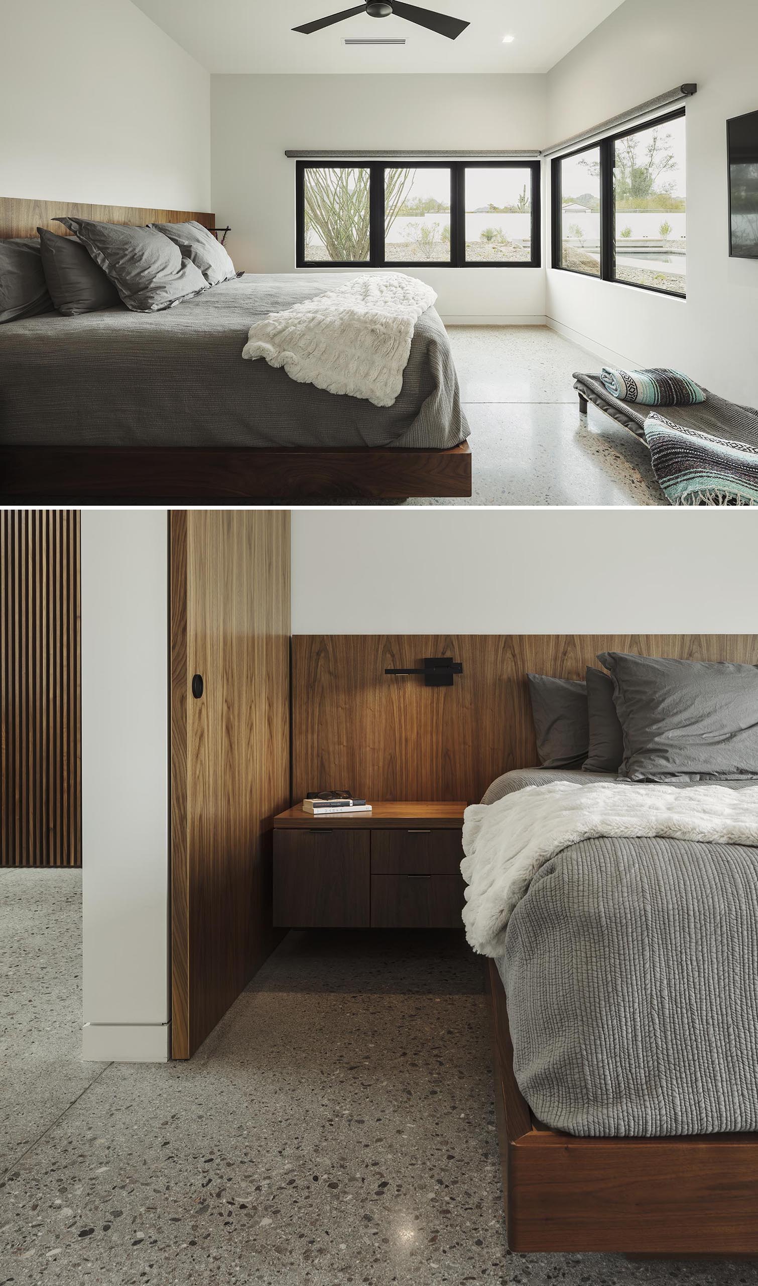 A minimalist master bedroom with a built-in wood bed frame and headboard.