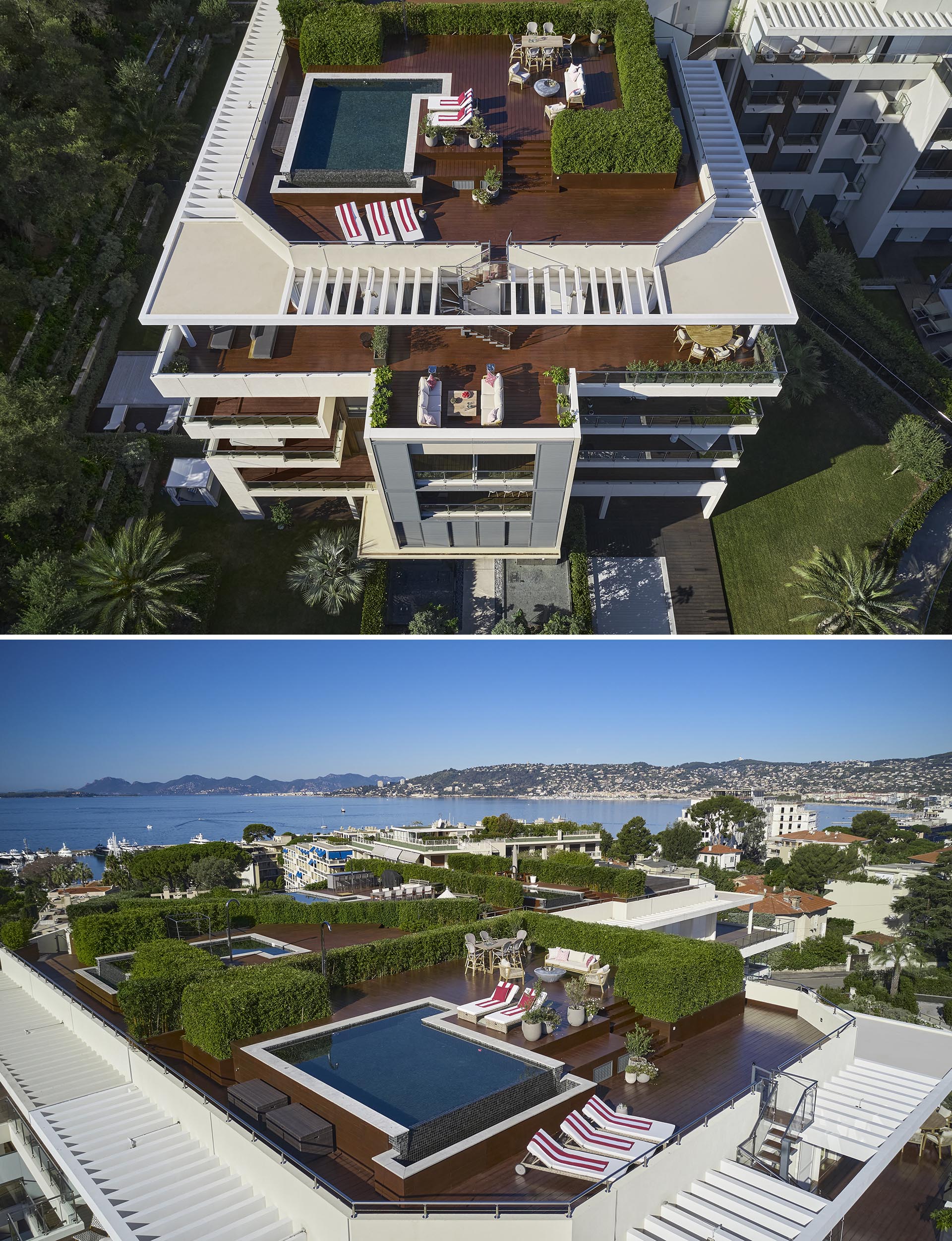 A modern penthouse apartment with a rooftop terrace and a swimming pool.