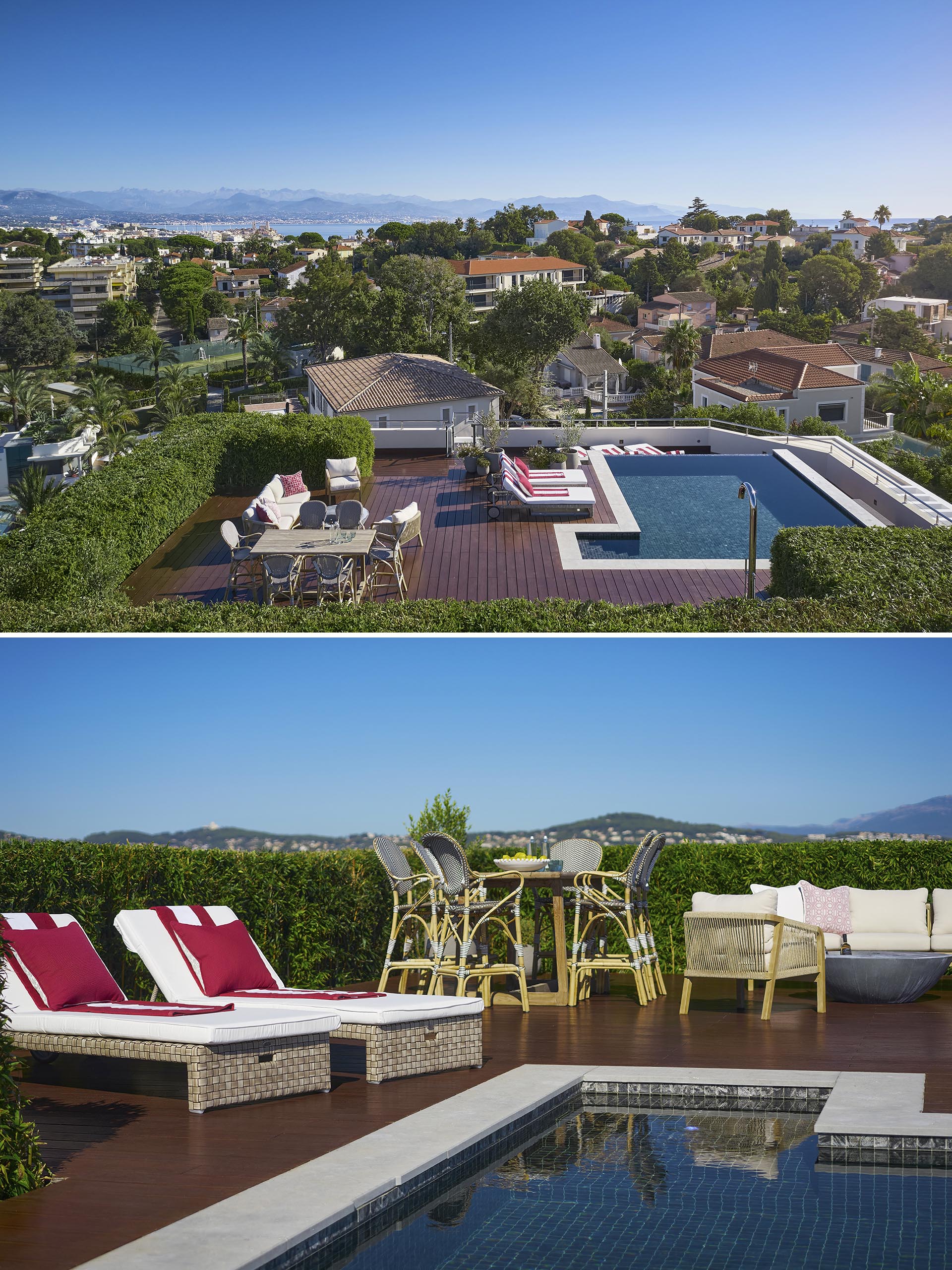 A rooftop terrace with a swimming pool, outdoor lounge, dining area, and sunbed loungers.