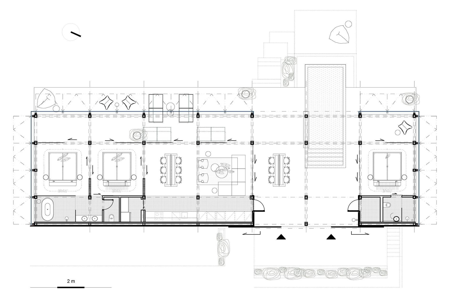 The floor plan of a three bedroom, single story house.