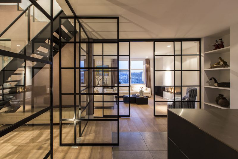 A black framed glass wall with a matching pivoting door.