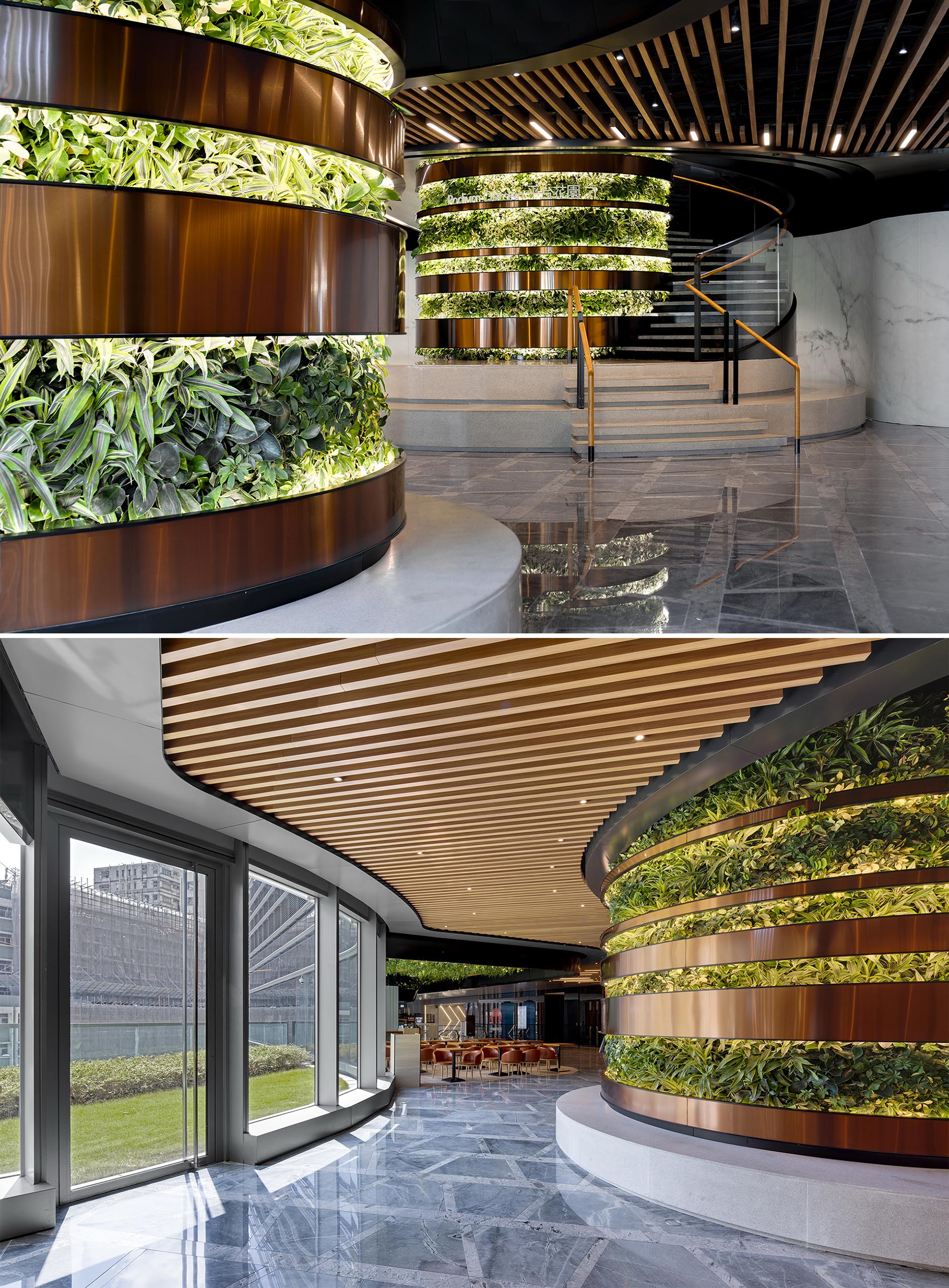 Vertical gardens separated by metallic strips have lighting to showcase the plants.