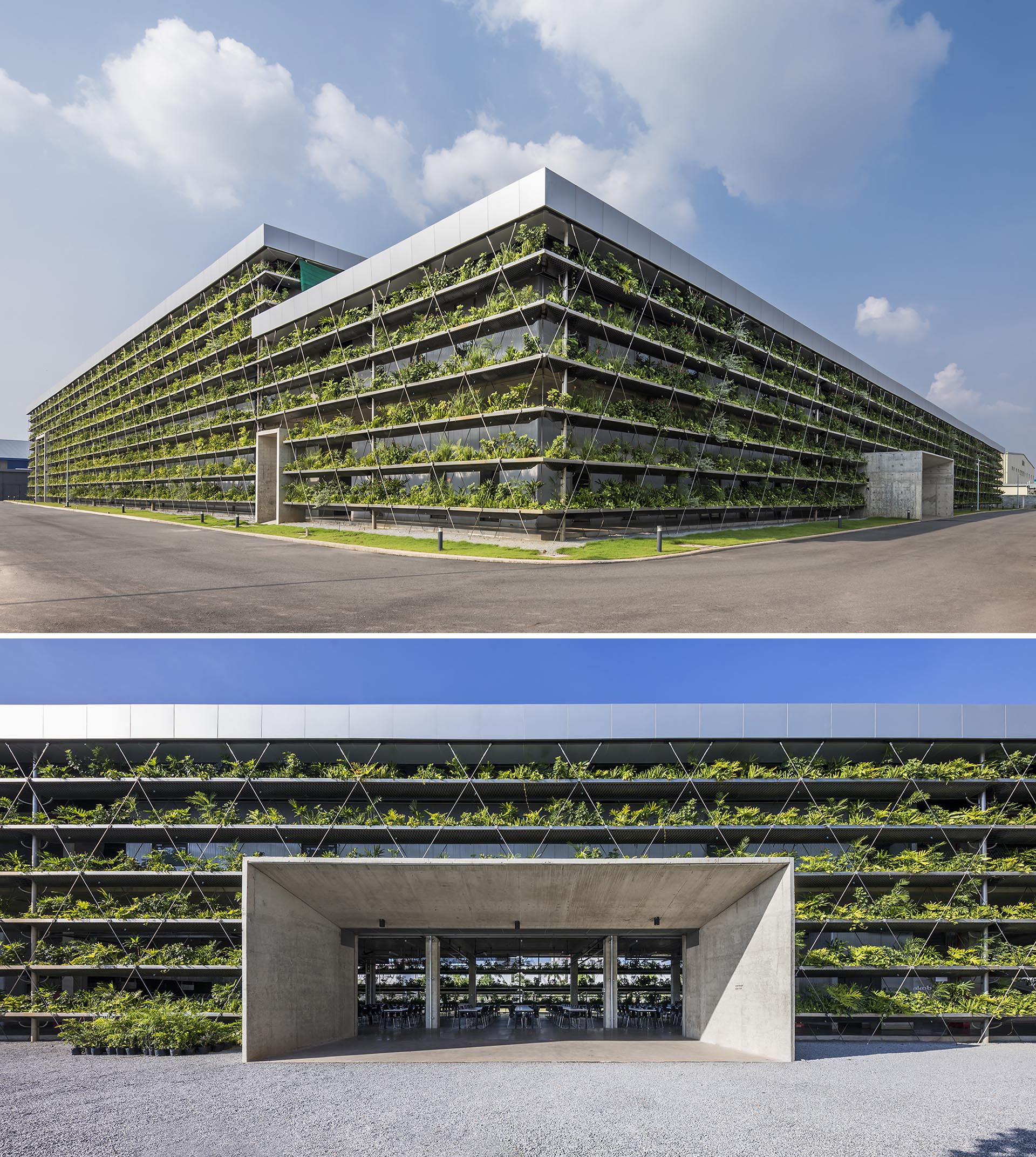 Rows of plants filter out the rain and sun, and help improve the quality of the air and the temperatures within the factory.