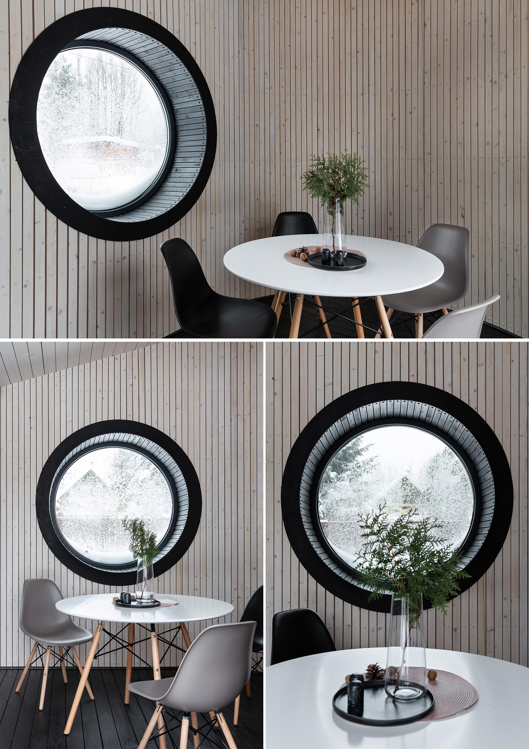 A round deep window with a black frame.