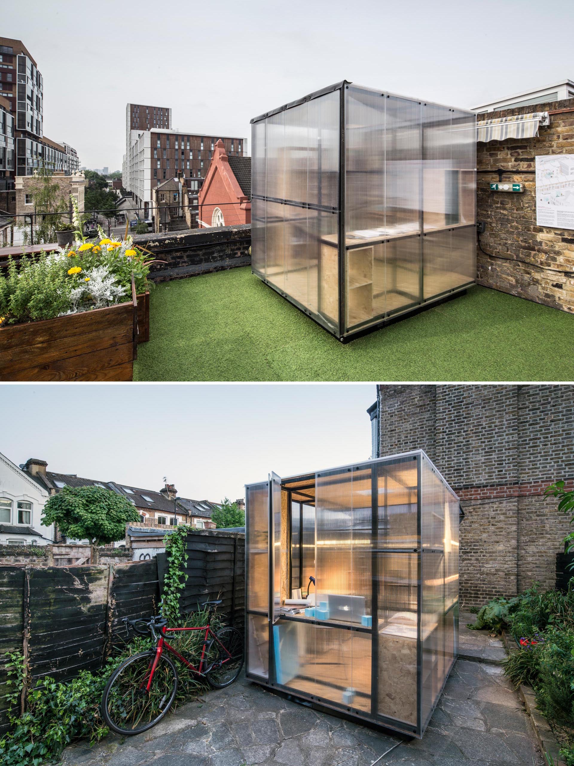 A small home office with semi-transparent walls, a black metal frame, and windows.