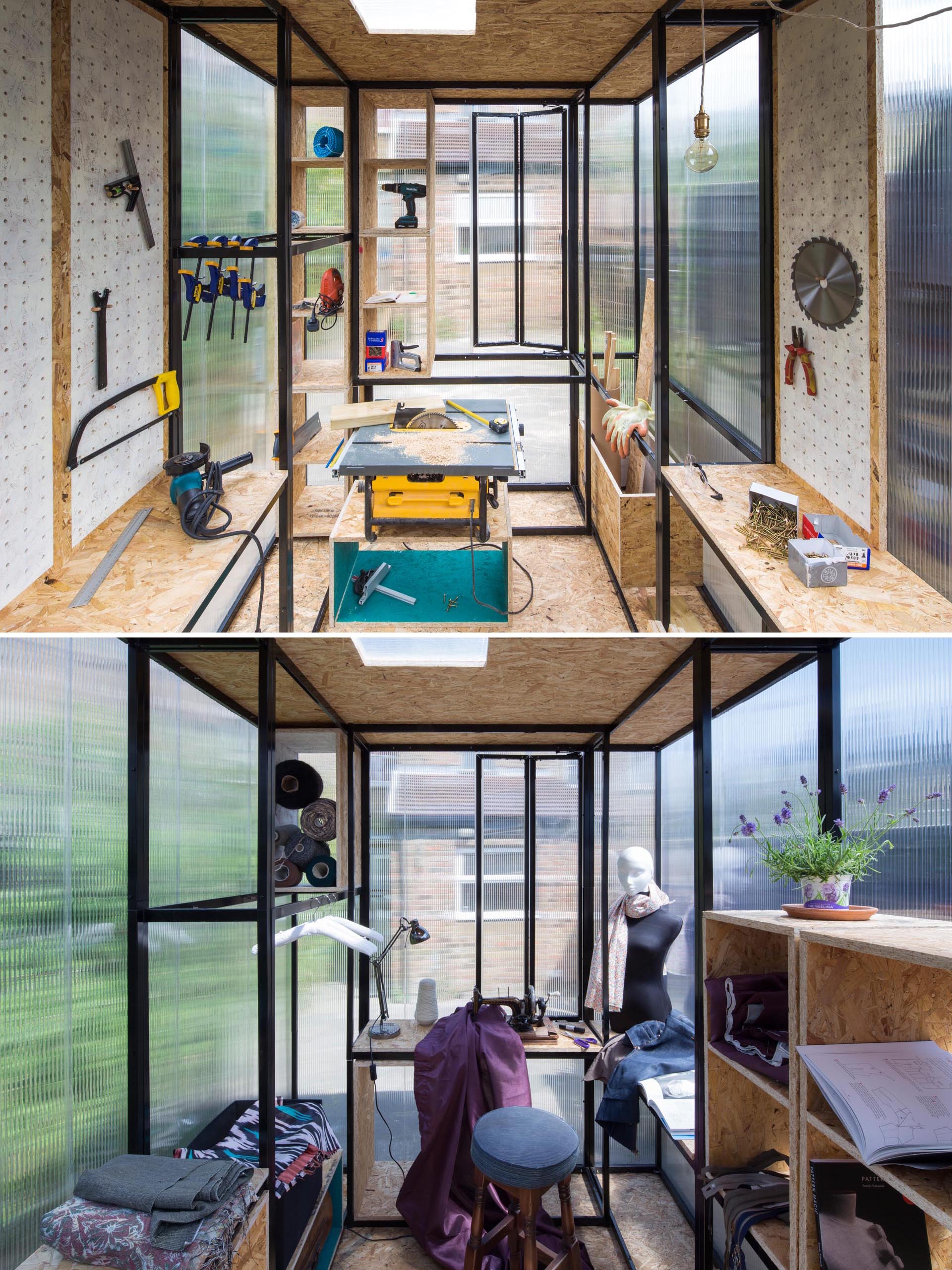 A small building with semi-transparent walls that can be used as a home office, workshop, of design studio.