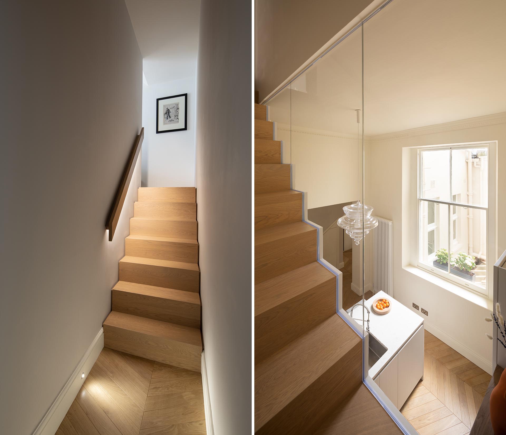 Oak stairs with hidden lighting under the handrail and a window that looks over the kitchen.