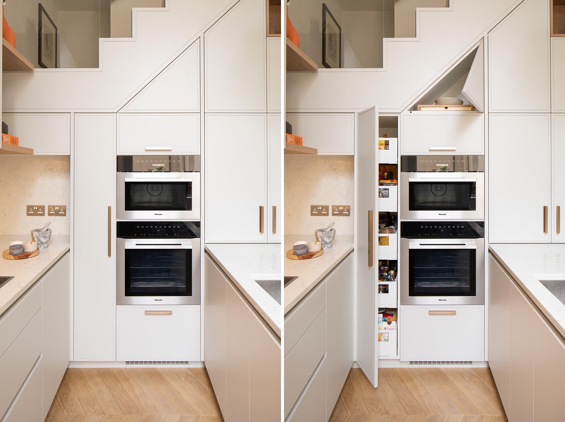 A tall storage cabinet with pull-out drawers next to the ovens, while above there's a triangular cabinet that provides even more storage.