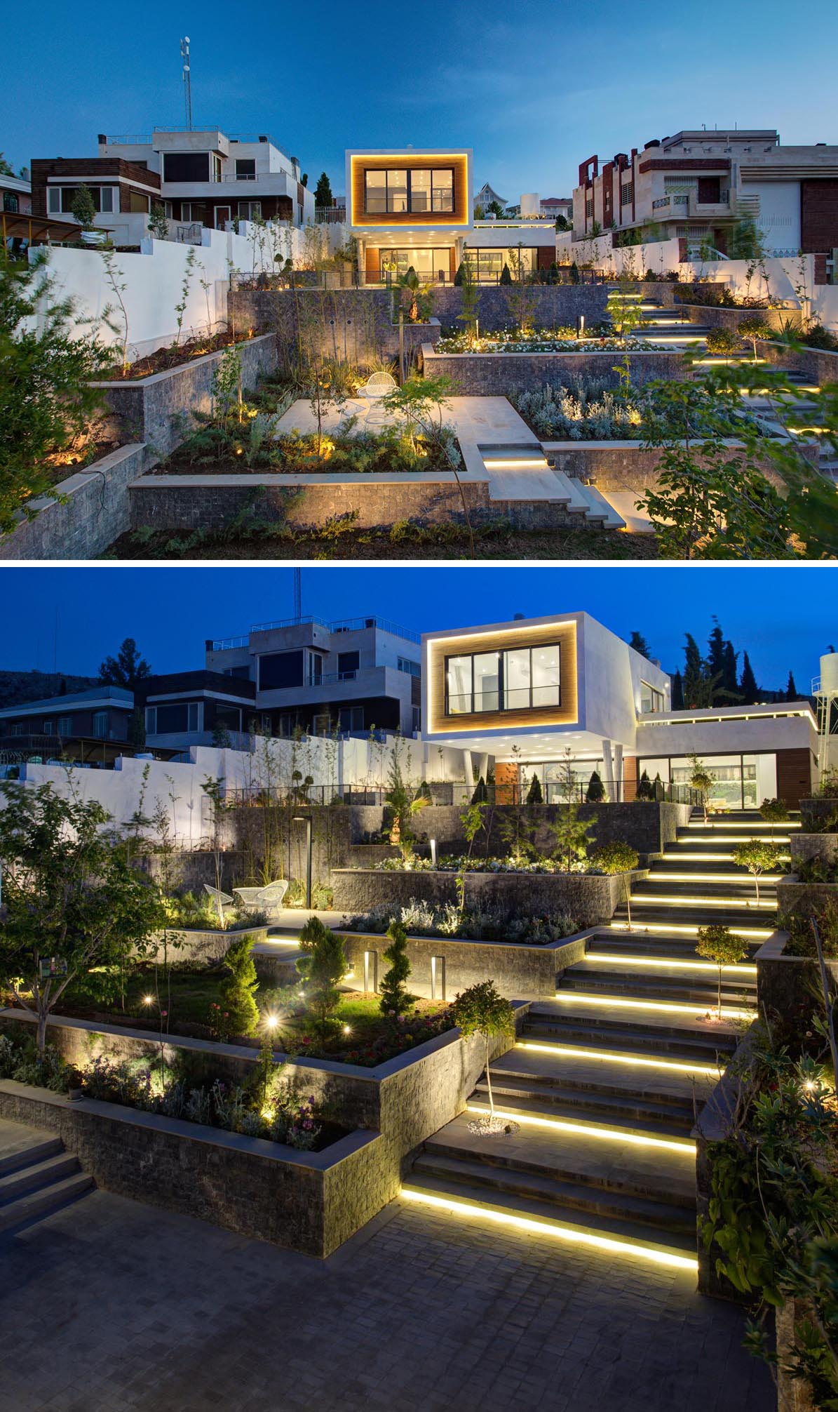 Outdoor lighting highlights the stairs, garden, and sitting areas of this modern house.