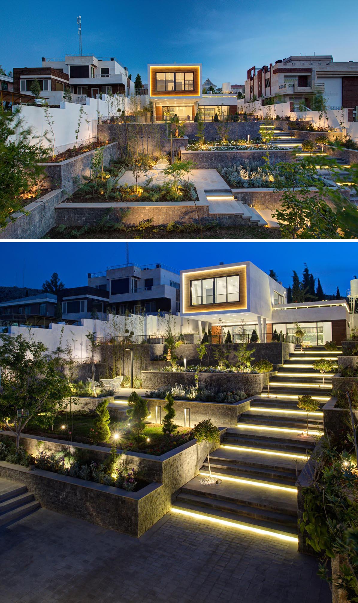 Outdoor lighting highlights the stairs, garden, and sitting areas of this modern house.