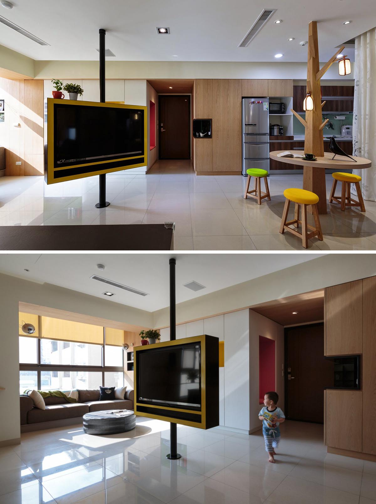 A rotating television that can be enjoyed from any room in this open plan apartment interior.