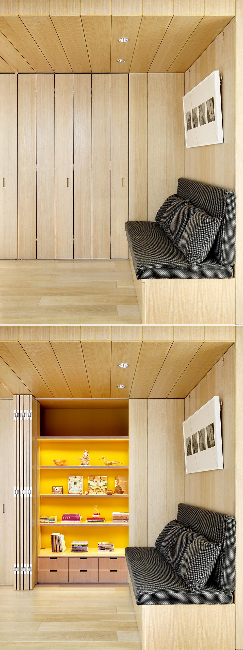 Shelving and drawers with a yellow backdrop are hidden within floor-to-ceiling wood doors.