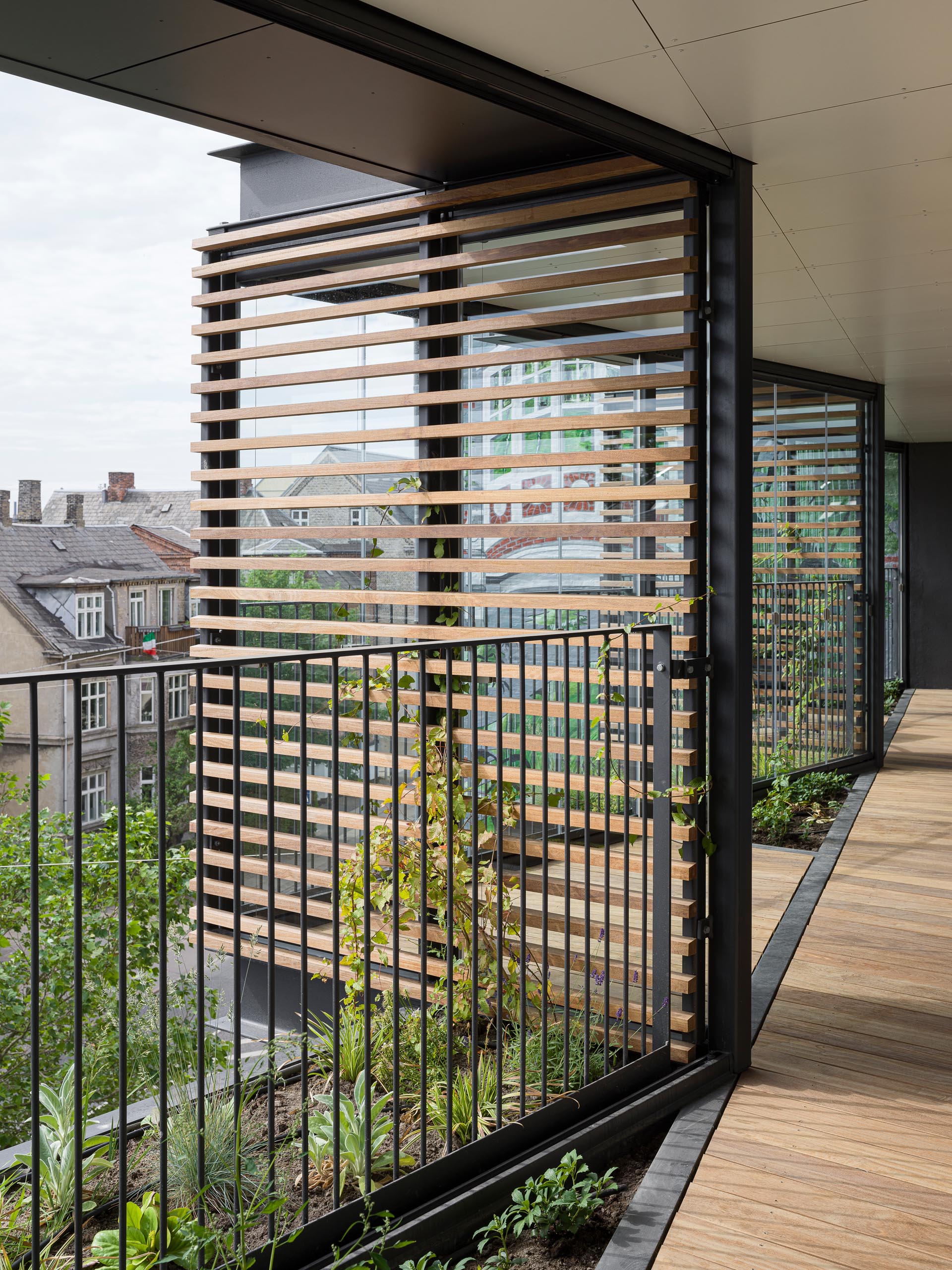 Wood screens allow ivy to grow on the facade of an apartment building.