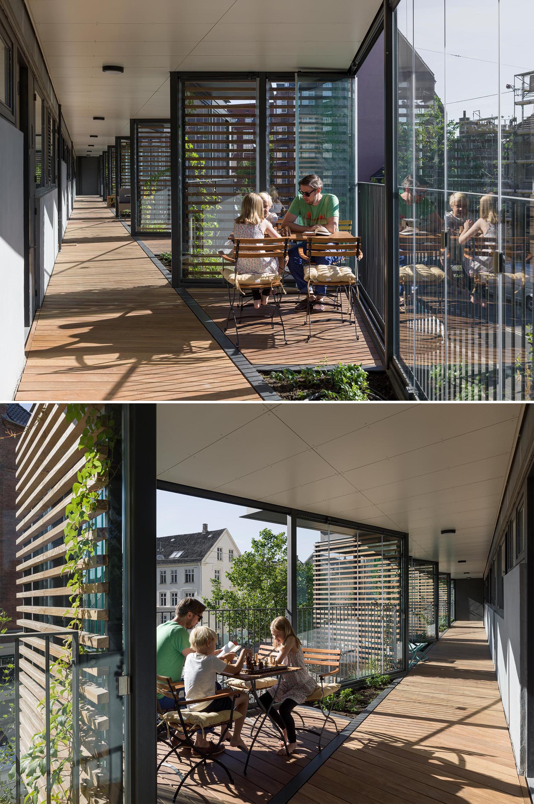 Semi-private balconies were added to an apartment building.