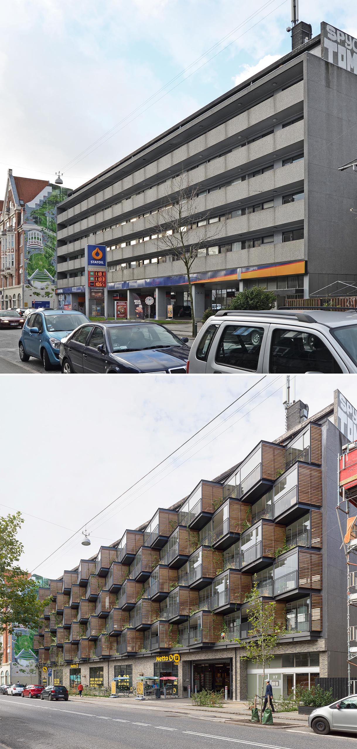 A renovated building facade includes new angled balconies.