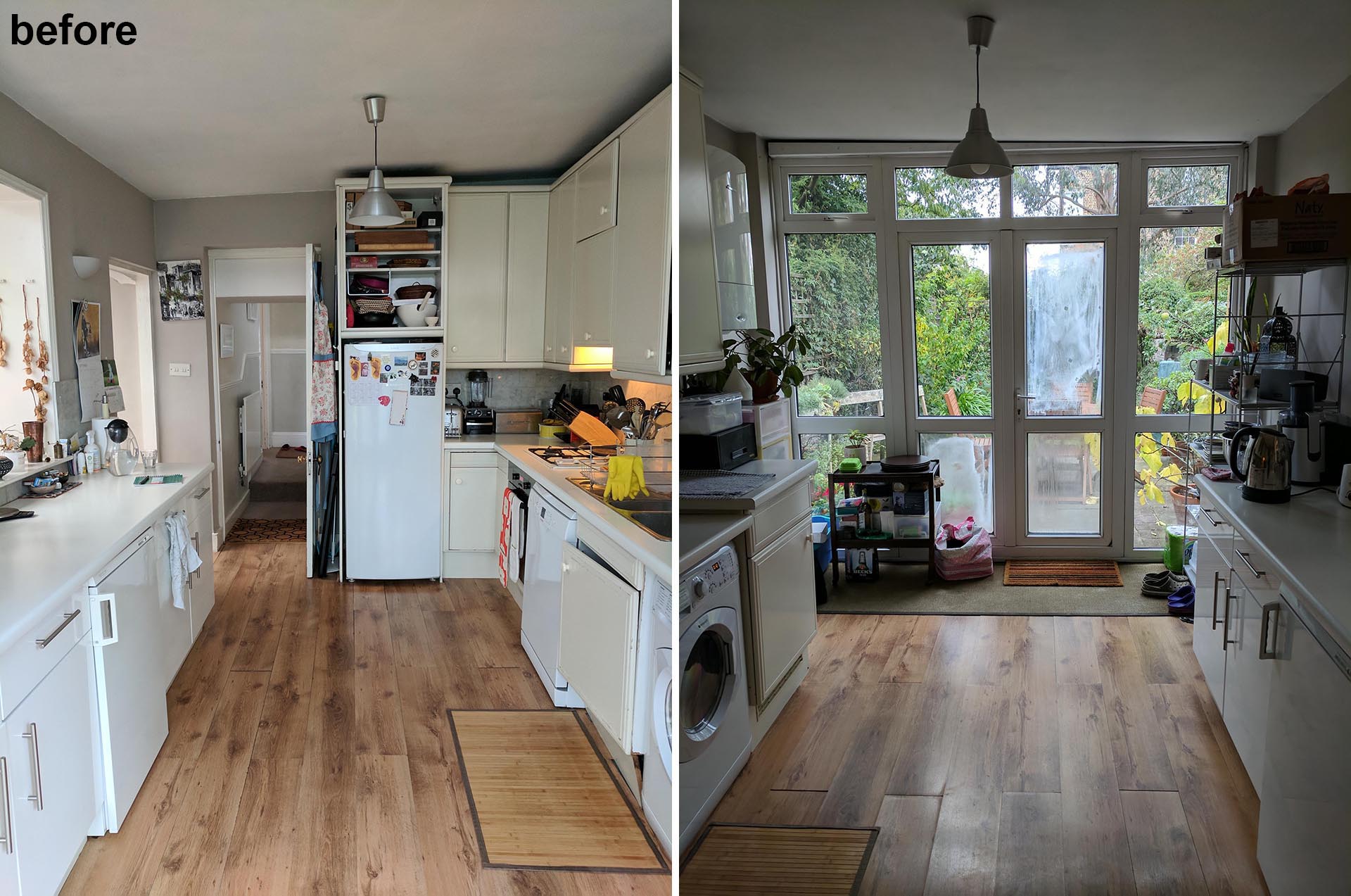 Before photo - A cluttered kitchen with a lack of storage.