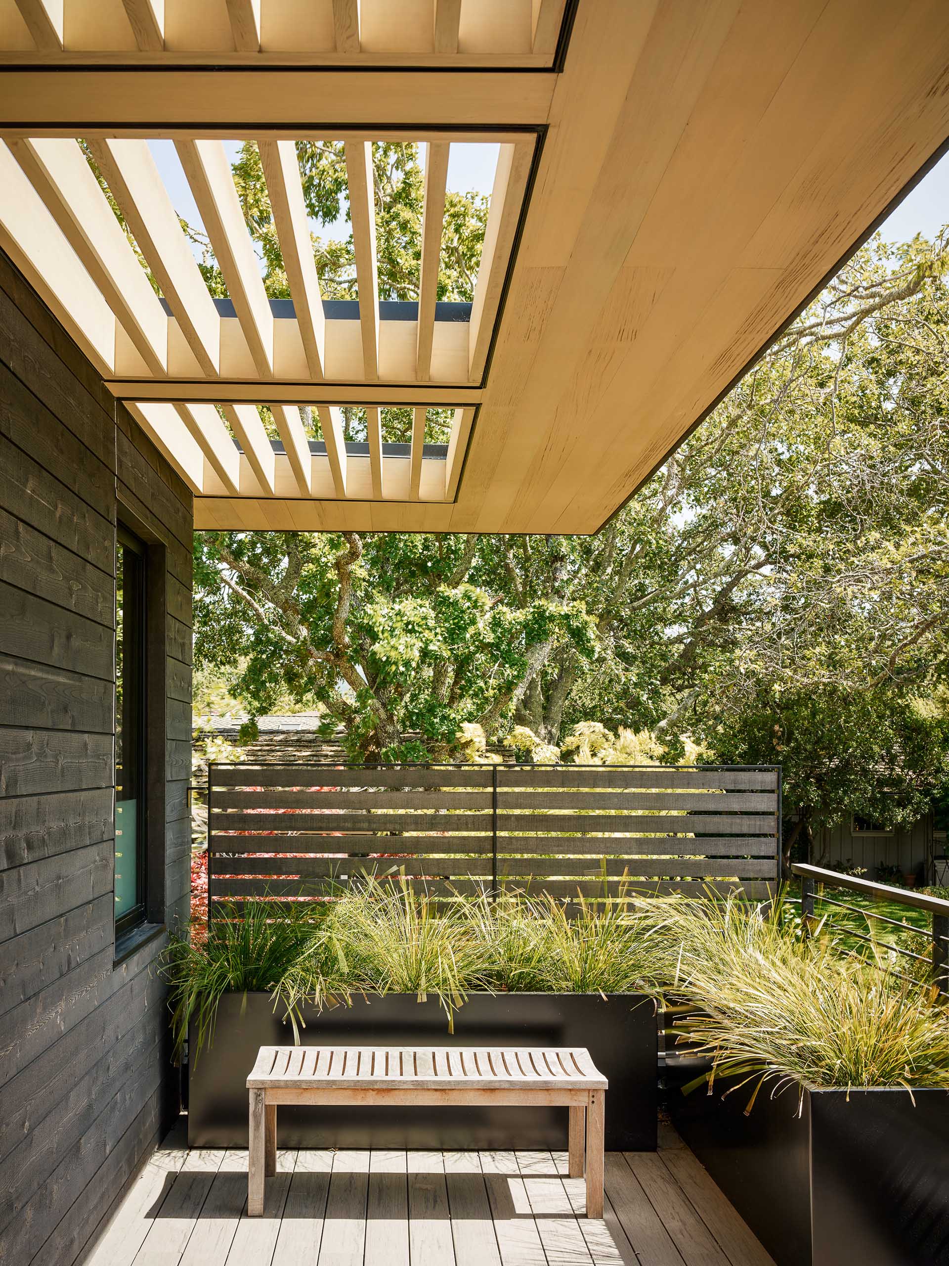 A modern house exterior with black-stained cedar siding, light wood sunscreens, and black planters.