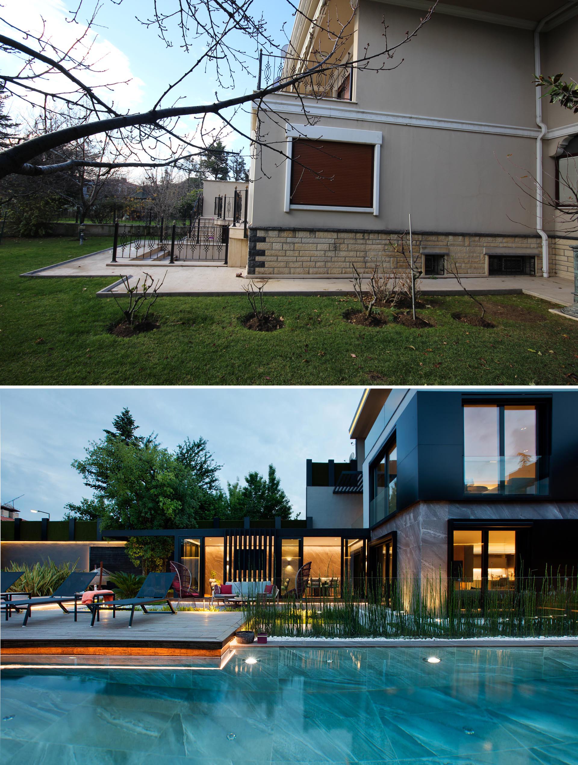 A modern house and yard renovation that includes a sunbathing deck and swimming pool.