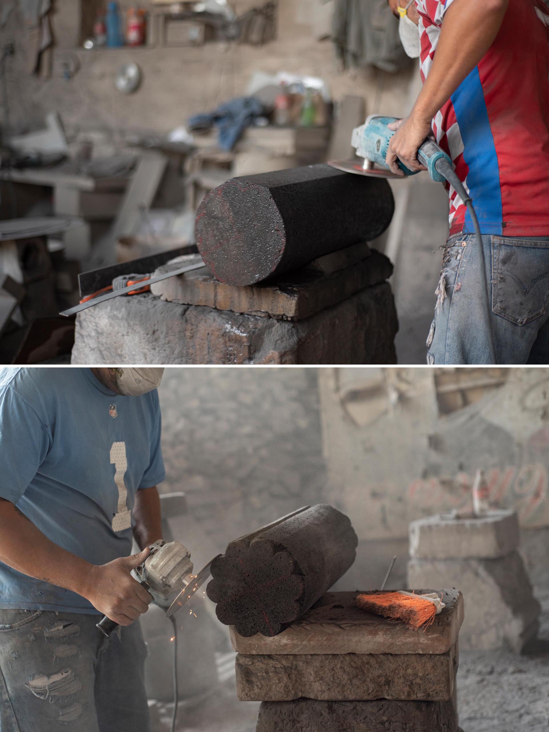 The making of a side table from volcanic rock.