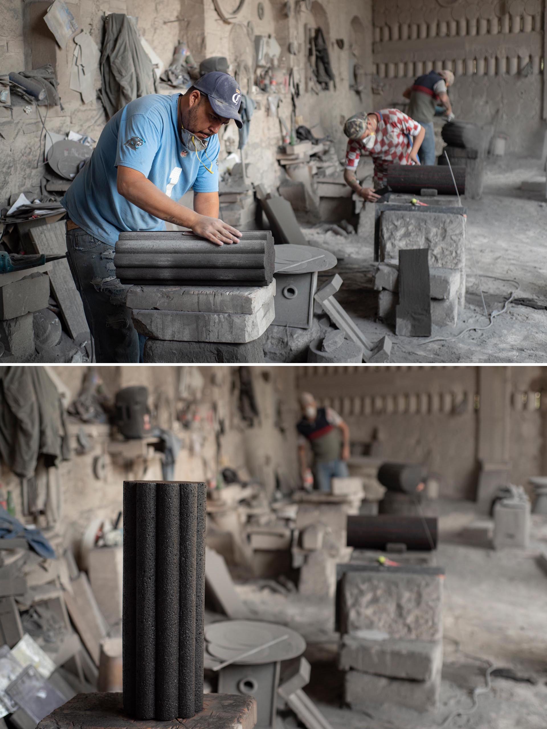 The making of a side table from volcanic rock.