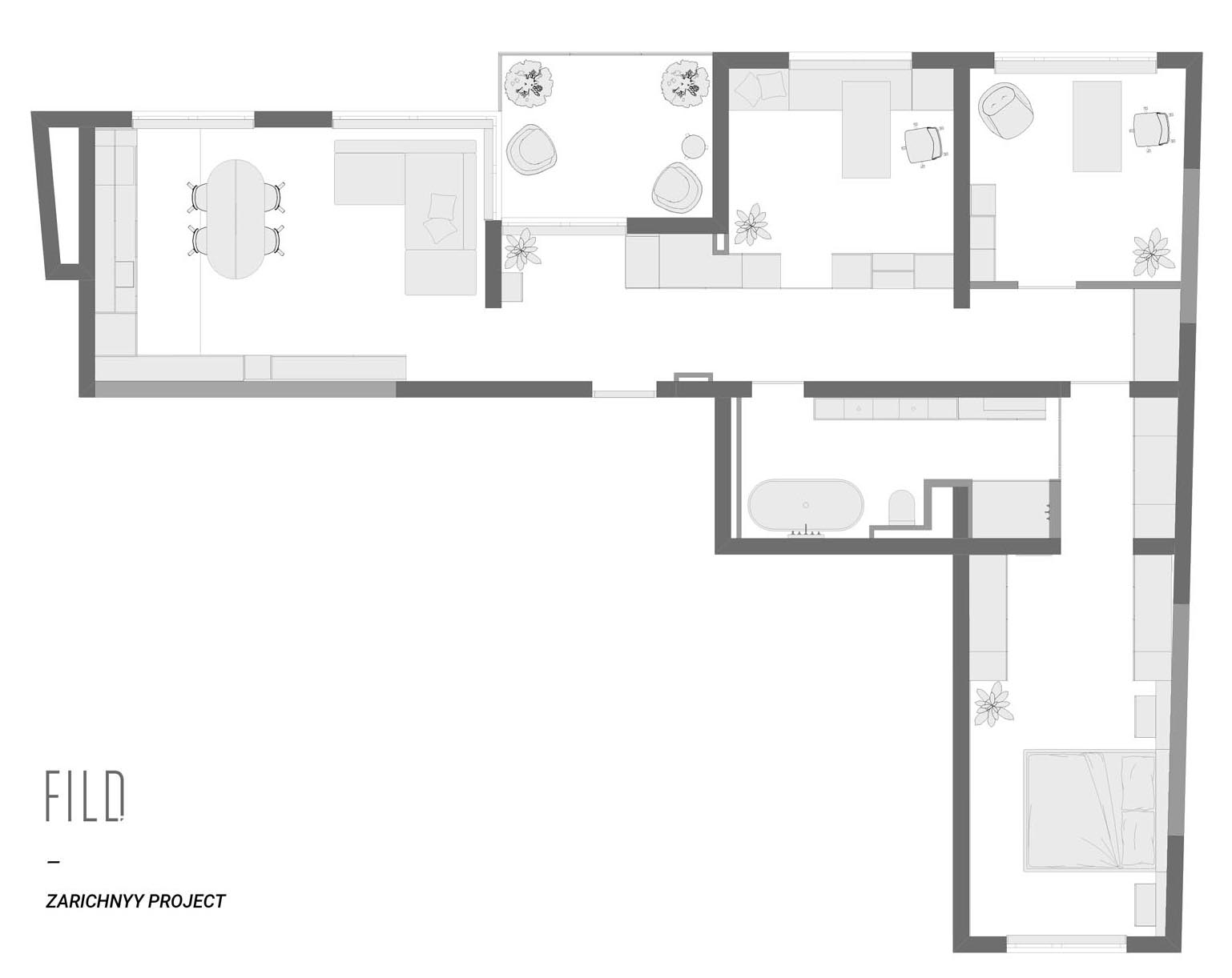 The floor plan of a modern one bedroom / two home office apartment.