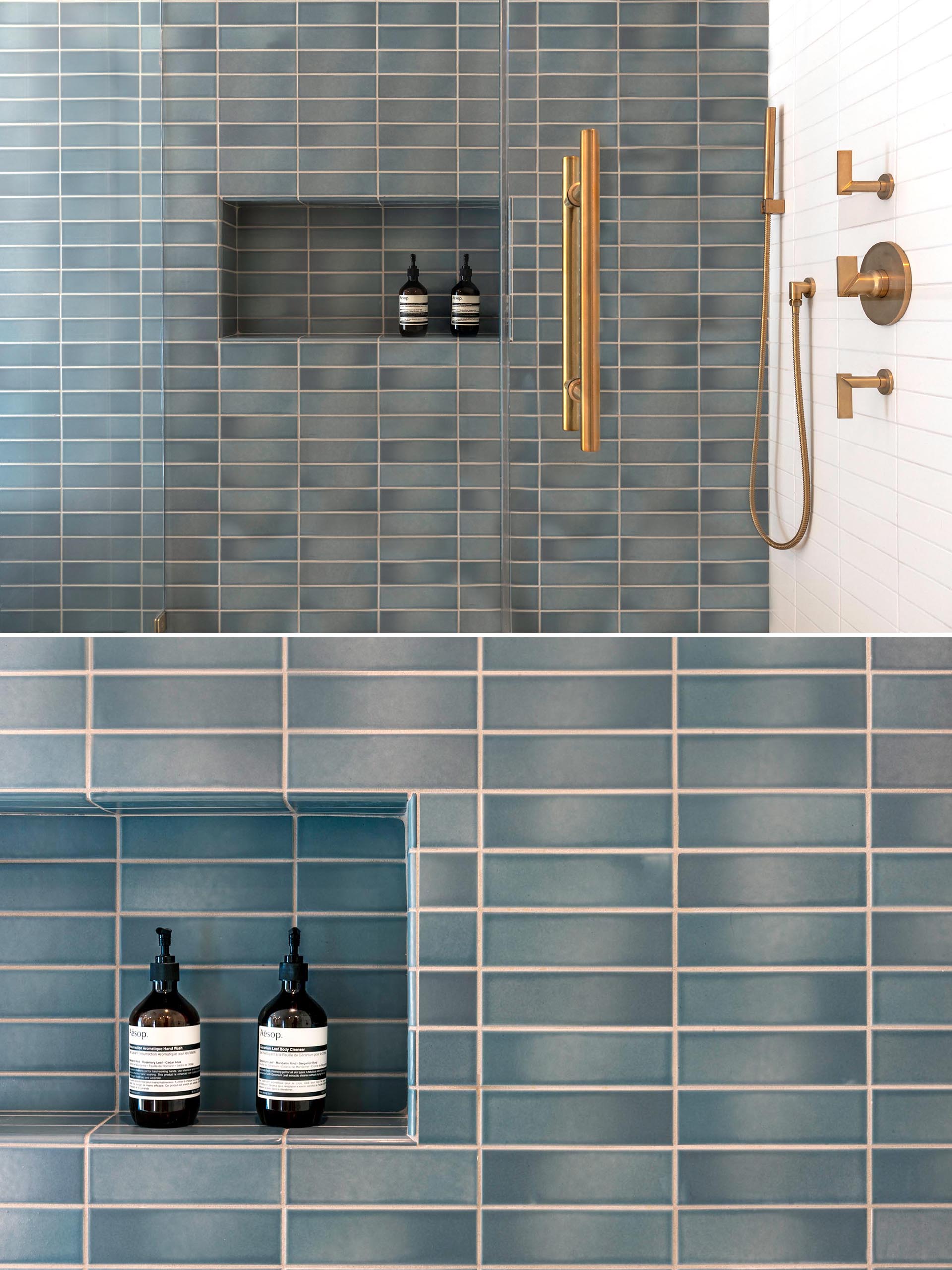 This modern bathroom with blue and white rectangular wall tile, a shower with a shelving niche, and brass fixtures.