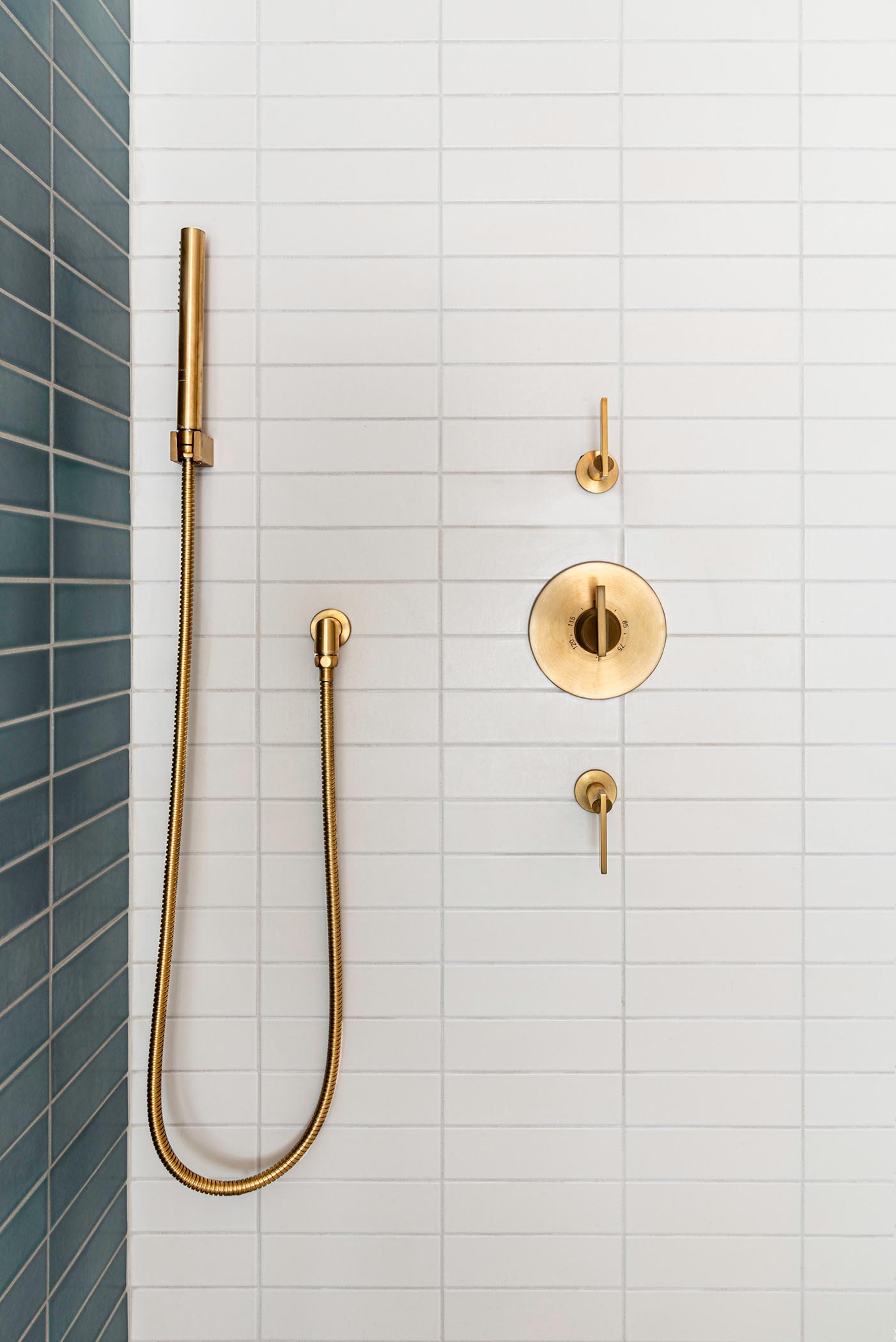 This modern bathroom with blue and white rectangular wall tile, a shower with a shelving niche, and brass fixtures.