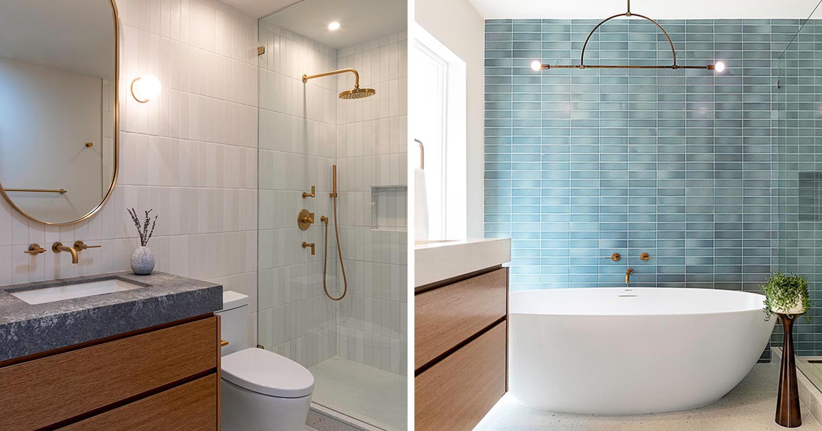 Two modern bathrooms in the same home that each have a distinct and unique style, yet they also coordinate with one another through similar finishes.