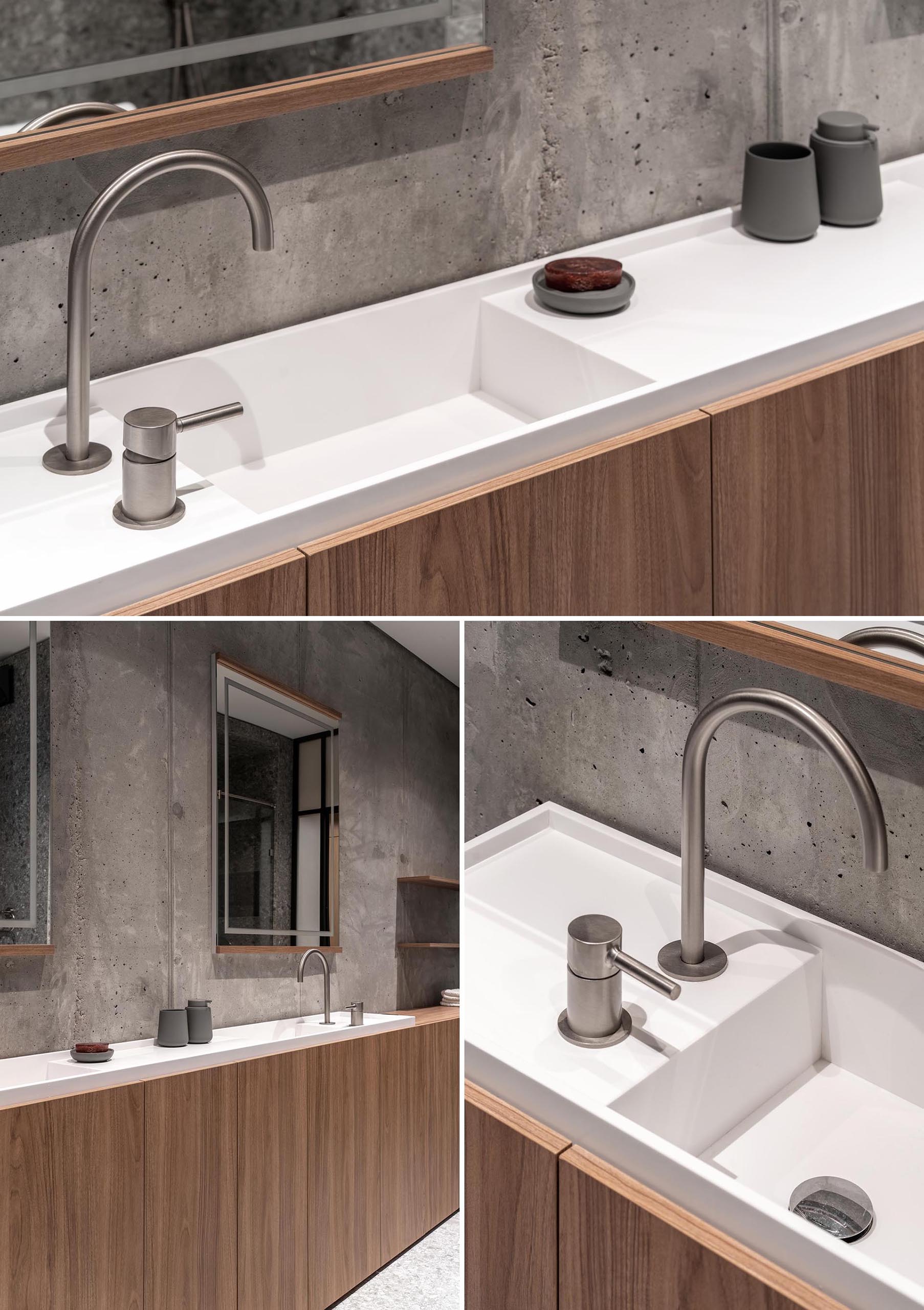 A modern bathroom with a custom-made narrow double sink vanity with white countertop and wood cabinets underneath