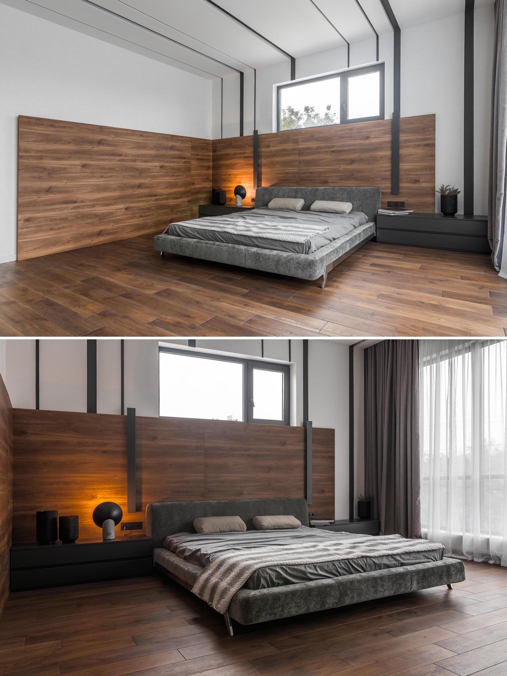 A modern bedroom with wrap around wood accent wall.