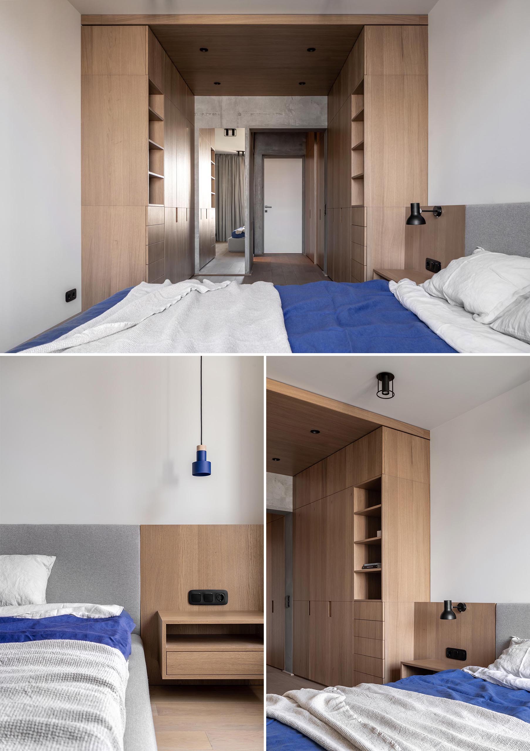 A modern bedroom with a large closet area with cabinets, drawers, and shelves on either side of the room.